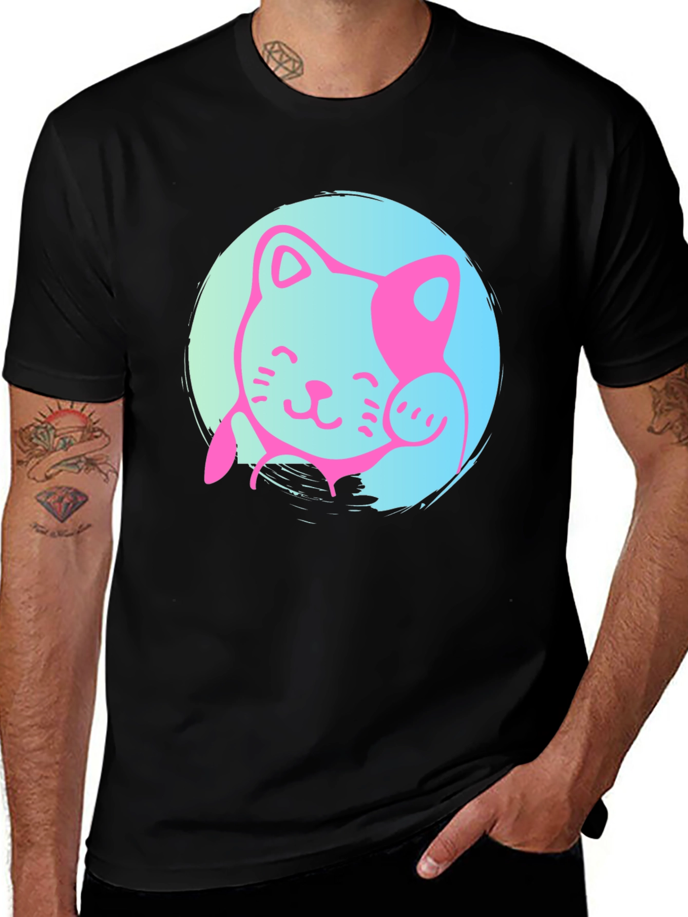 Variant 25 of Lucky Cat Graphic Tee - Black Cotton Blend T-Shirt