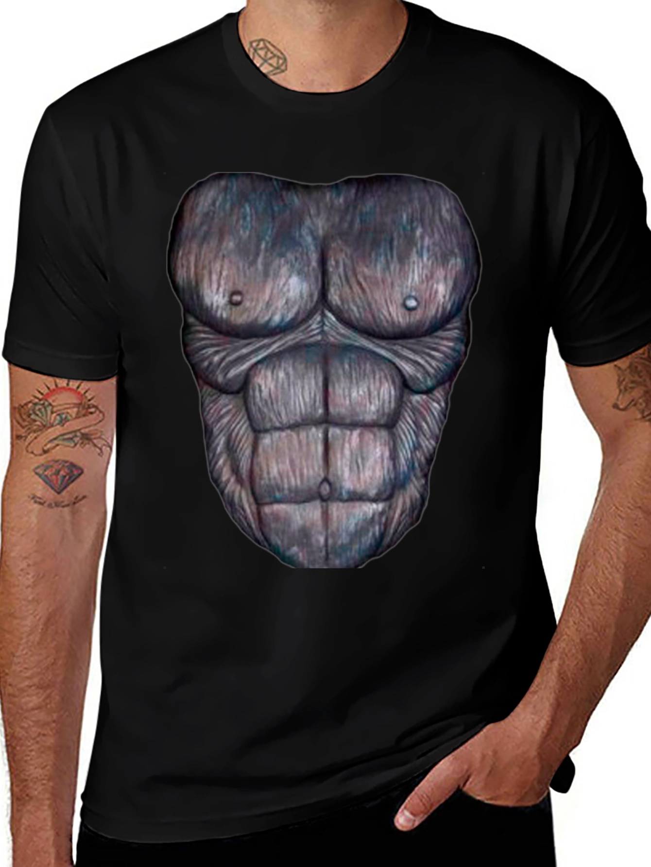 Variant 4 of Funny Gorilla Chest Print Black T-Shirt