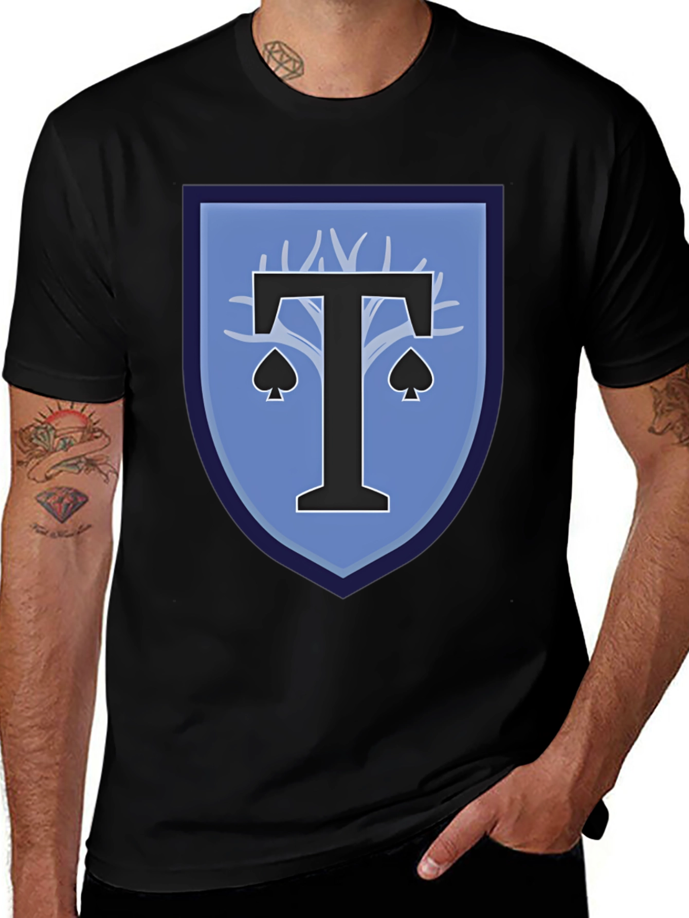 Variant 13 of T-Shirt with Blue Shield and Ace of Spades Design