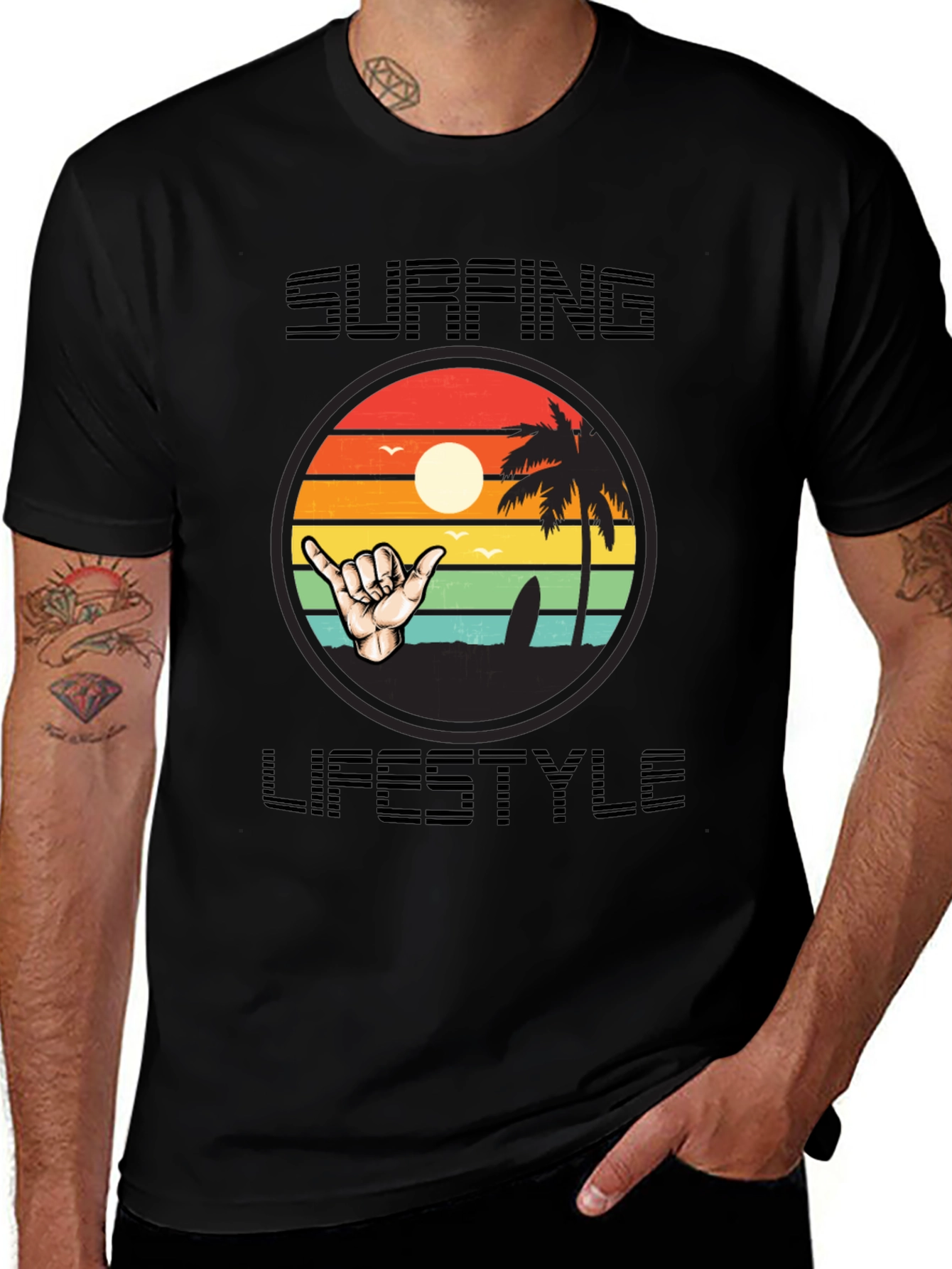 Variant 13 of Surfing Lifestyle Graphic Tee - Hang Loose Palm Tree Design