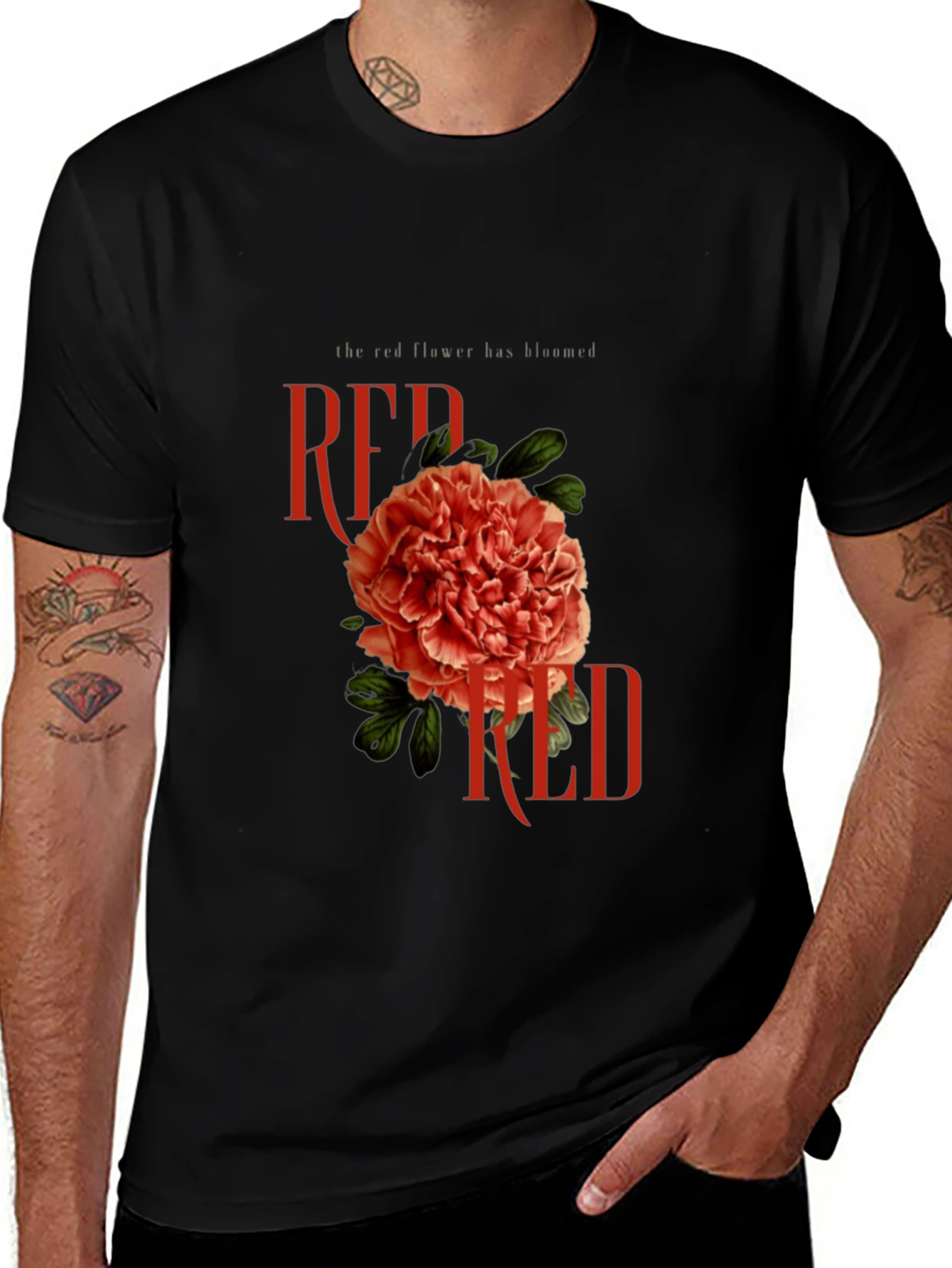 Variant 12 of Red Flower Graphic Black T-Shirt