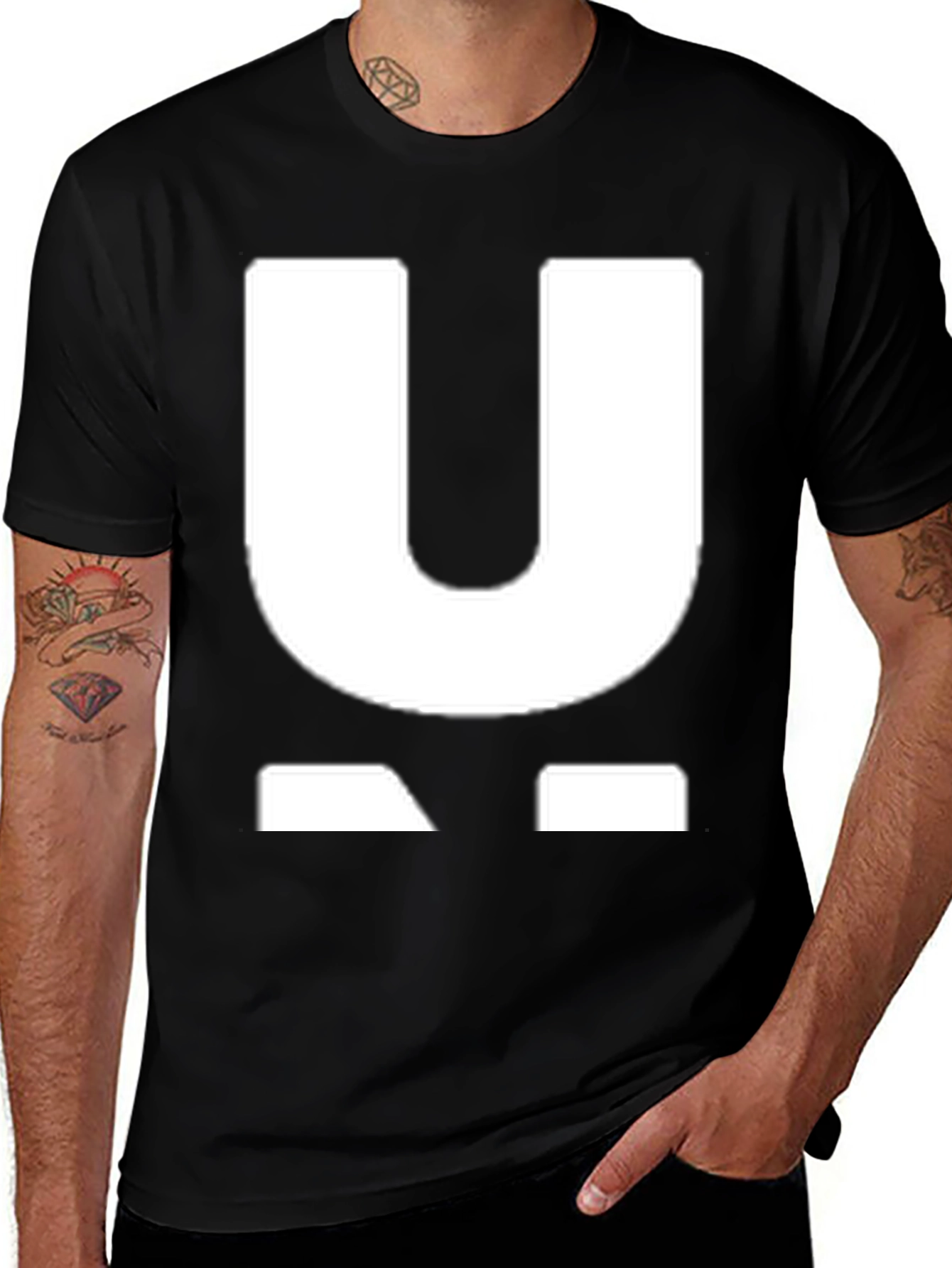 Variant 9 of Bold White 'U' Graphic Black T-Shirt