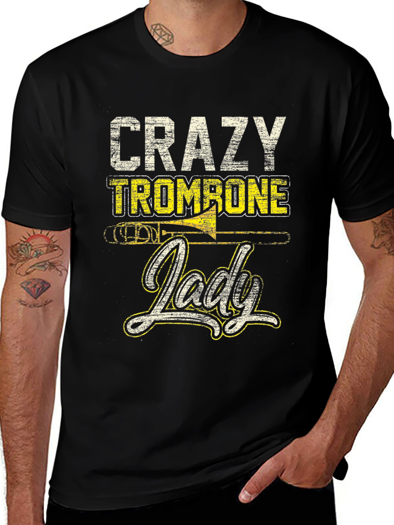 Crazy Trombone Lady Black T-Shirt - Music Lover Tee