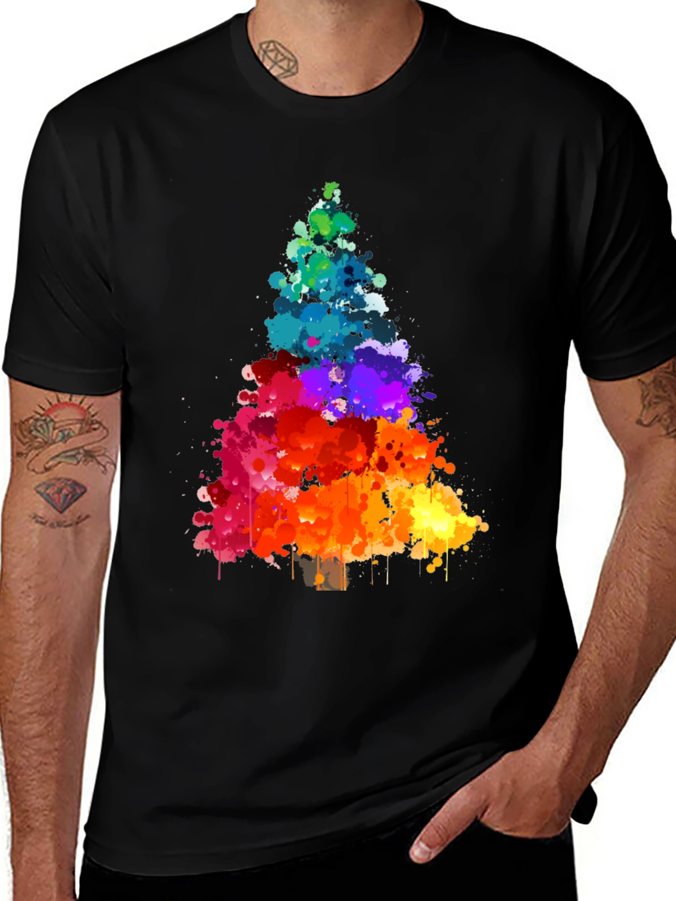 Rainbow Splatter Christmas Tree Black T-Shirt