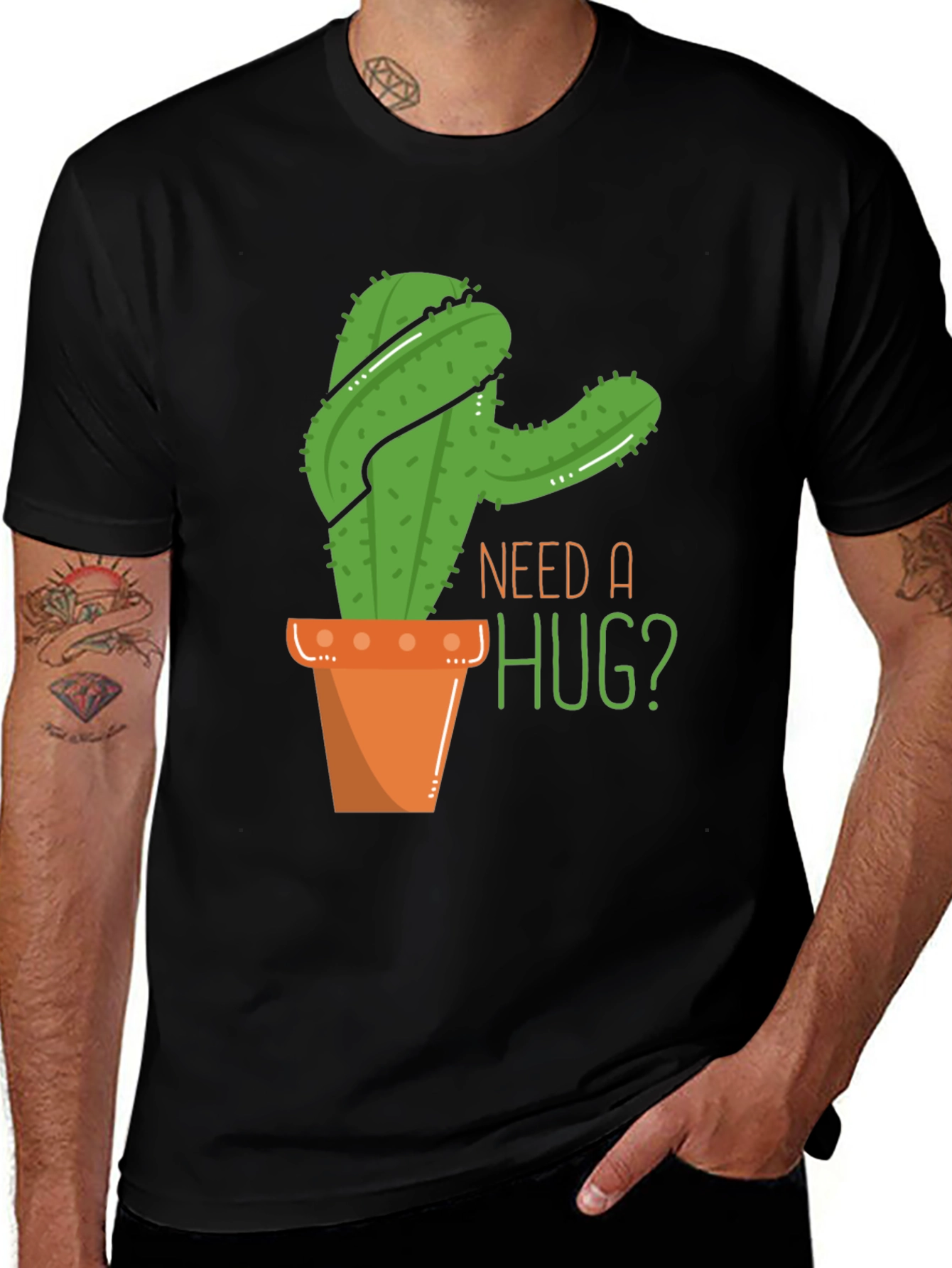 Variant 12 of Need a Hug Cactus Graphic Tee - Black Cotton T-Shirt