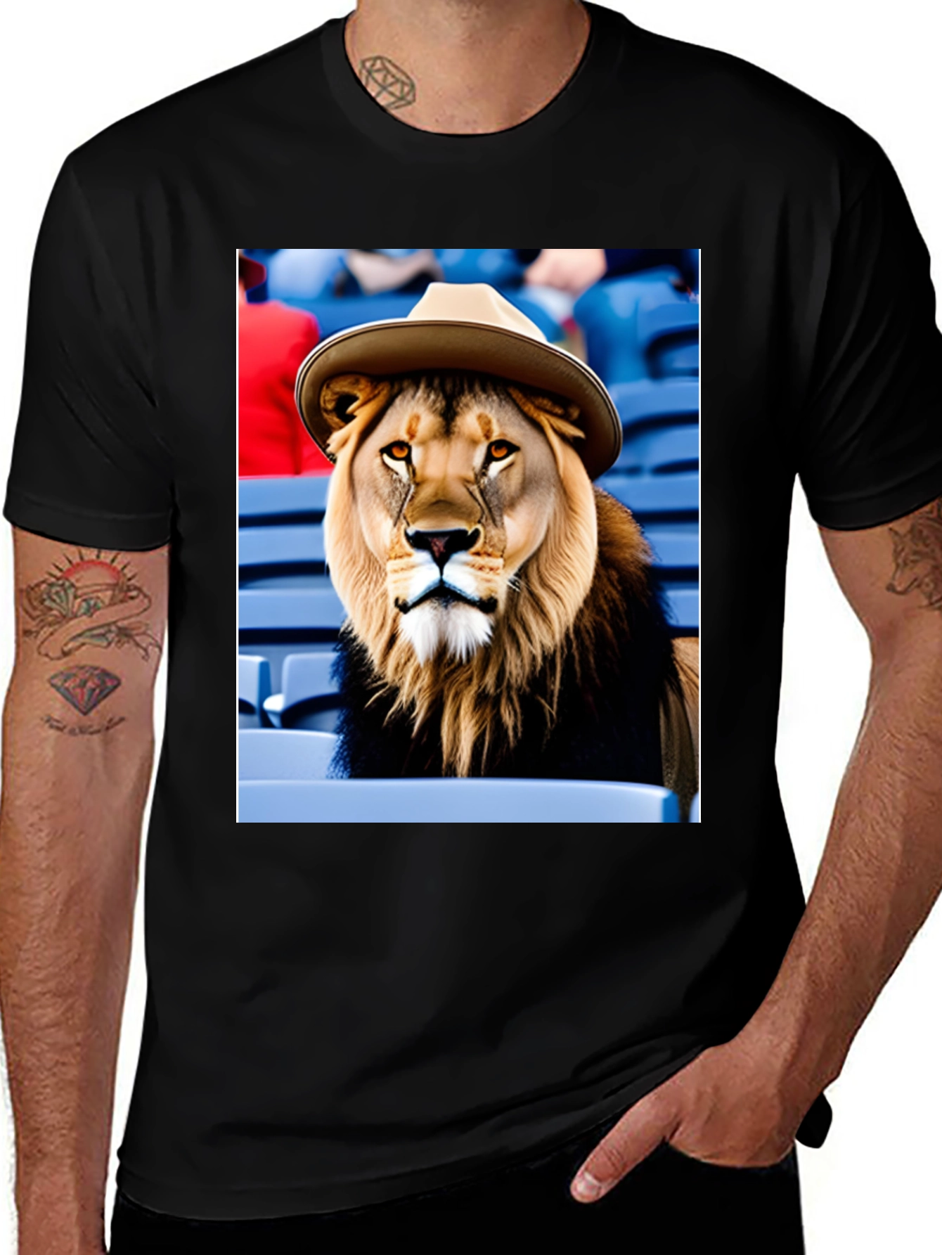 Variant 6 of Lion in Hat Graphic Tee - Black Cotton Shirt