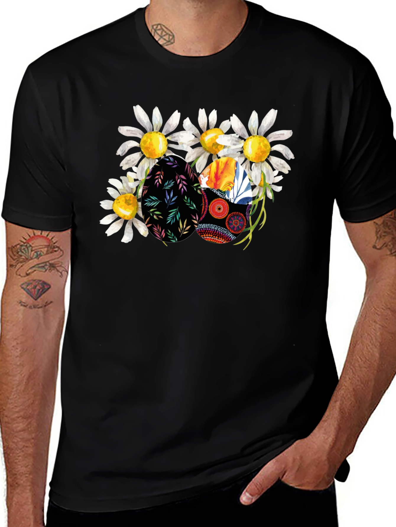Floral Easter Eggs Black T-Shirt