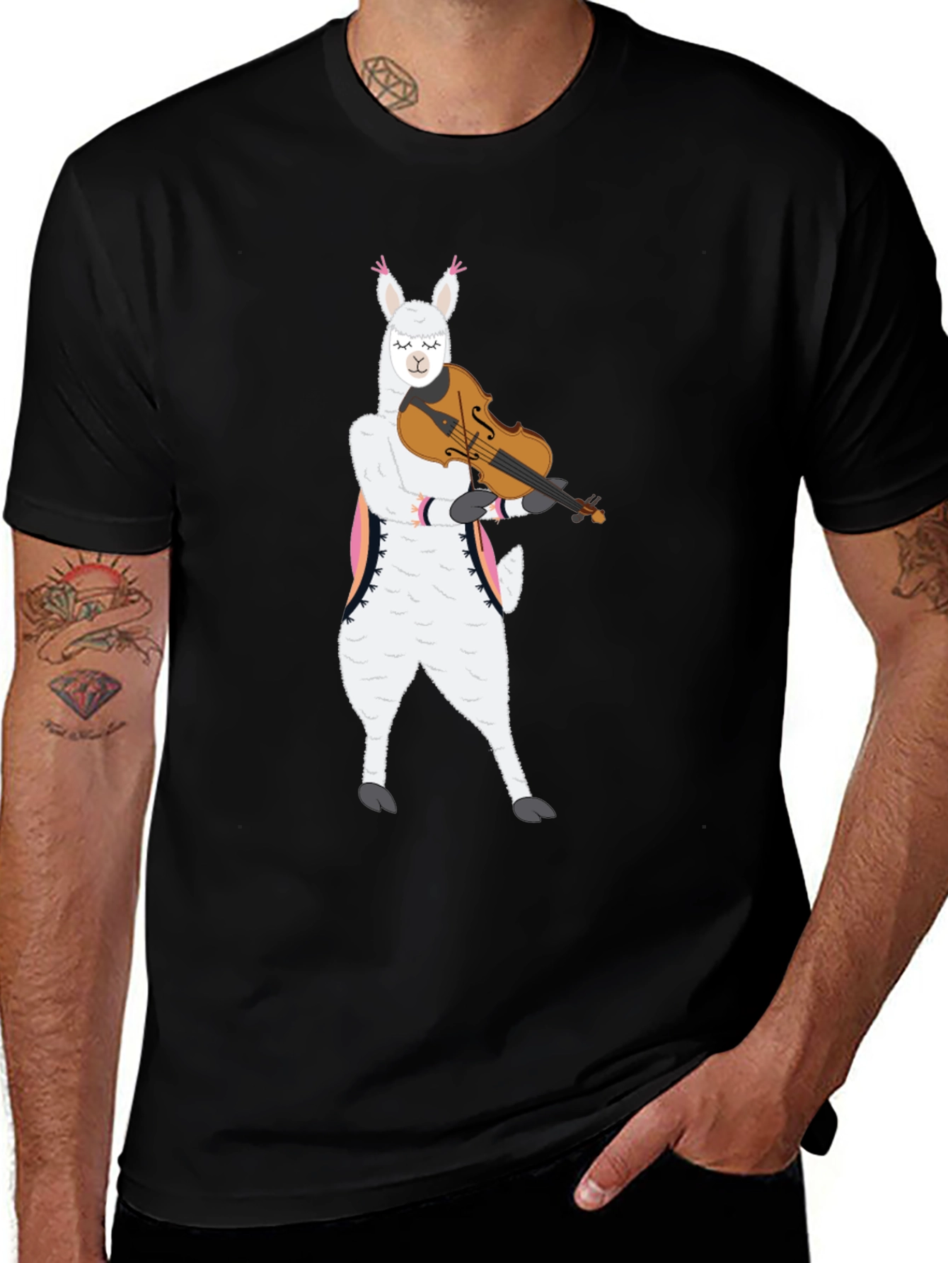 Variant 29 of Llama Violinist Graphic Tee - Playful Black T-Shirt