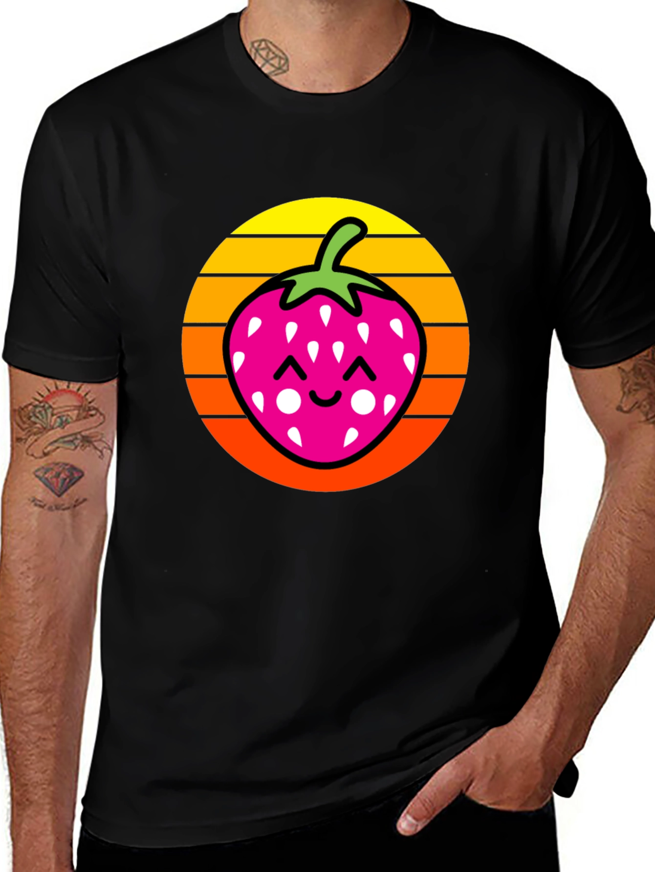 Variant 4 of Strawberry Sunset Graphic Tee - Black Cotton T-Shirt