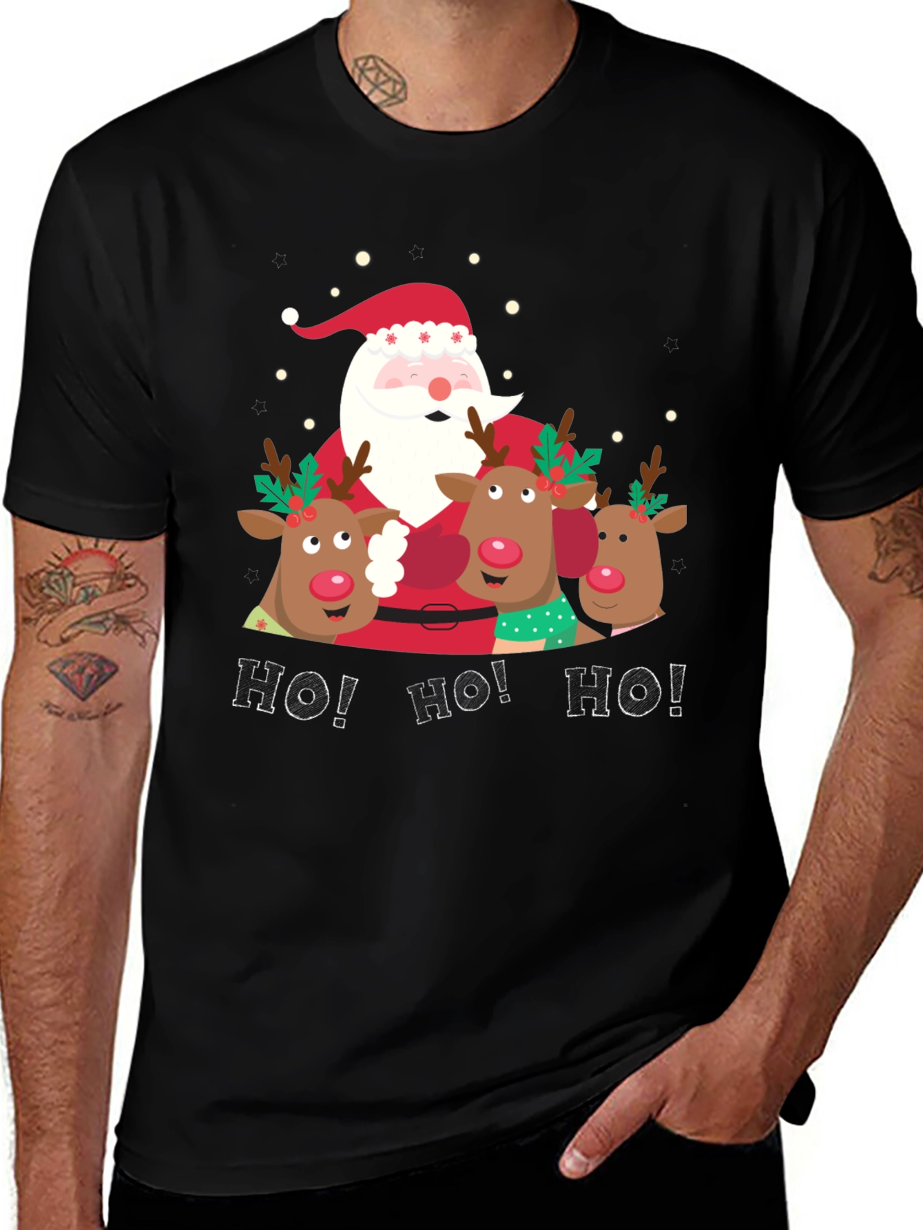 Santa and Reindeer 'Ho Ho Ho' Black Christmas T-Shirt