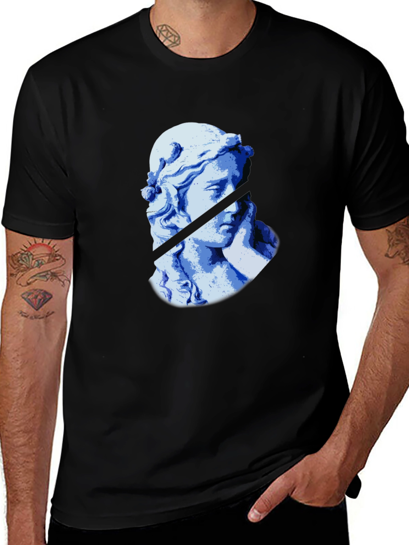 Blue Statue Graphic Black T-Shirt