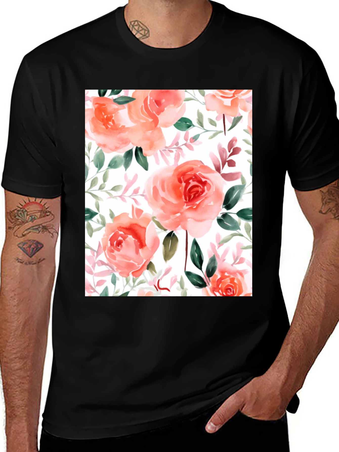 Variant 27 of Floral Watercolor T-Shirt: Peach Roses