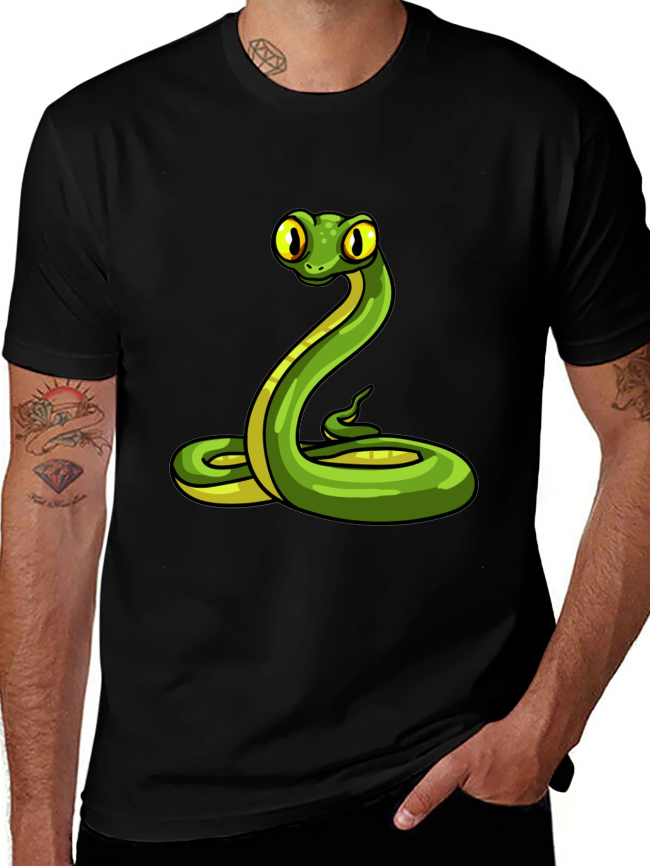 Snake Cartoon Graphic Tee - Black Crew Neck T-Shirt