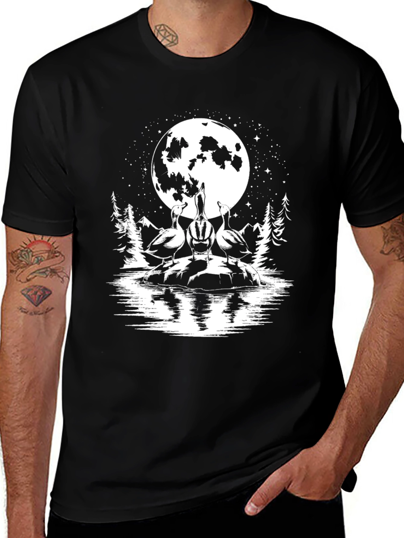 Geese Howling at Moon Black T-Shirt