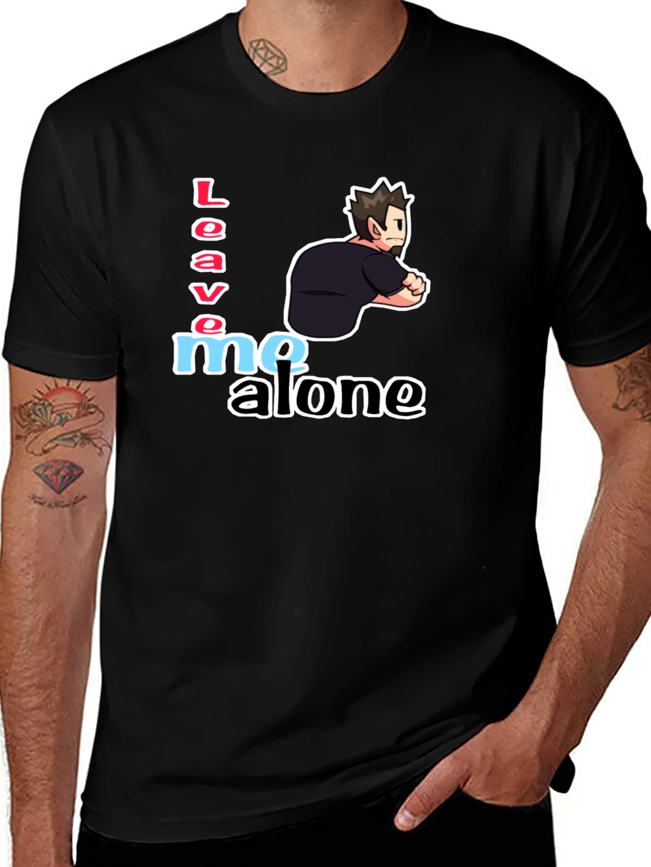 Variant 11 of Leave Me Alone Cartoon Graphic T-Shirt - Black Cotton Tee