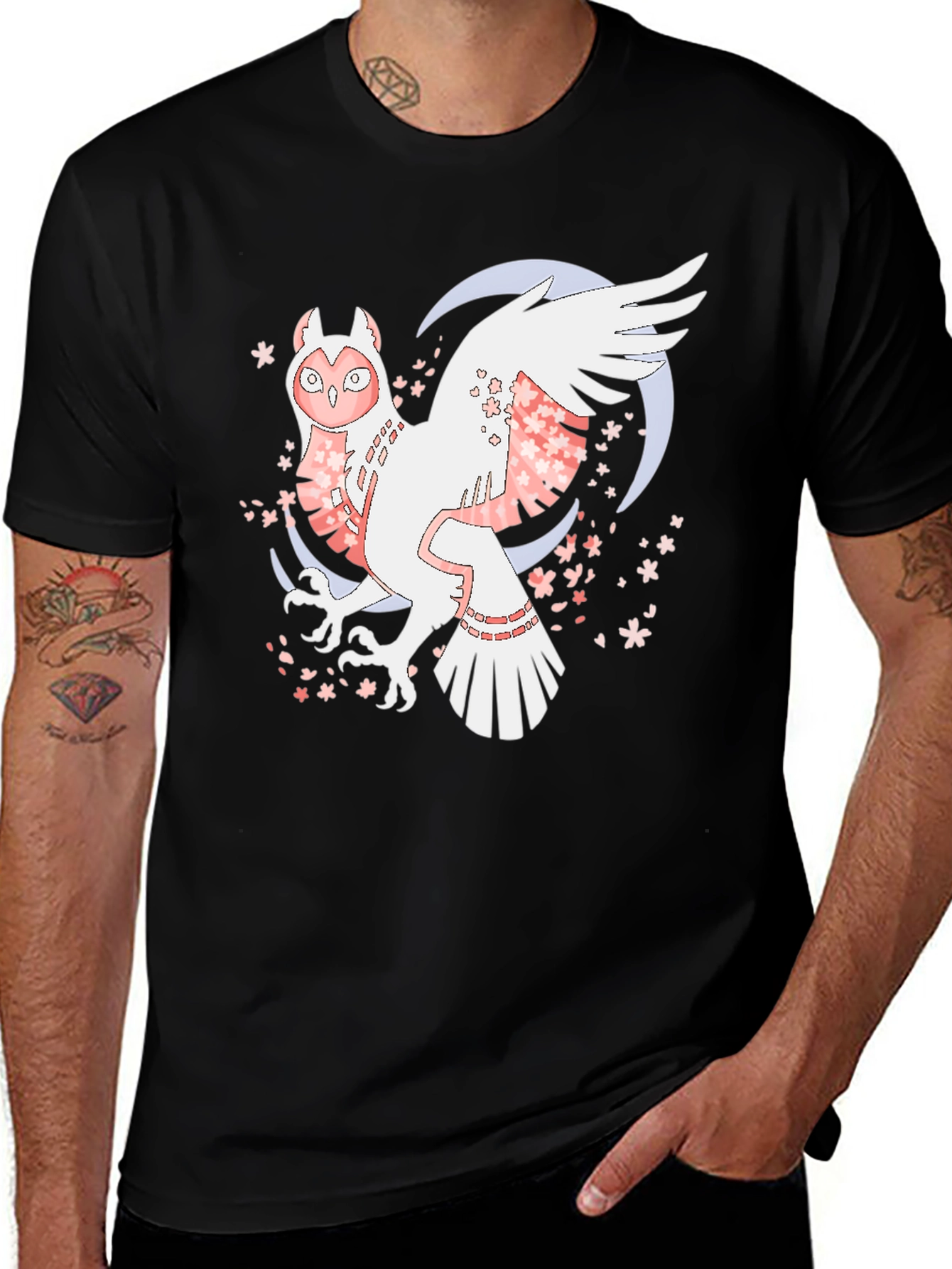 Variant 13 of Owl and Cherry Blossom Graphic Tee - Black Cotton Blend