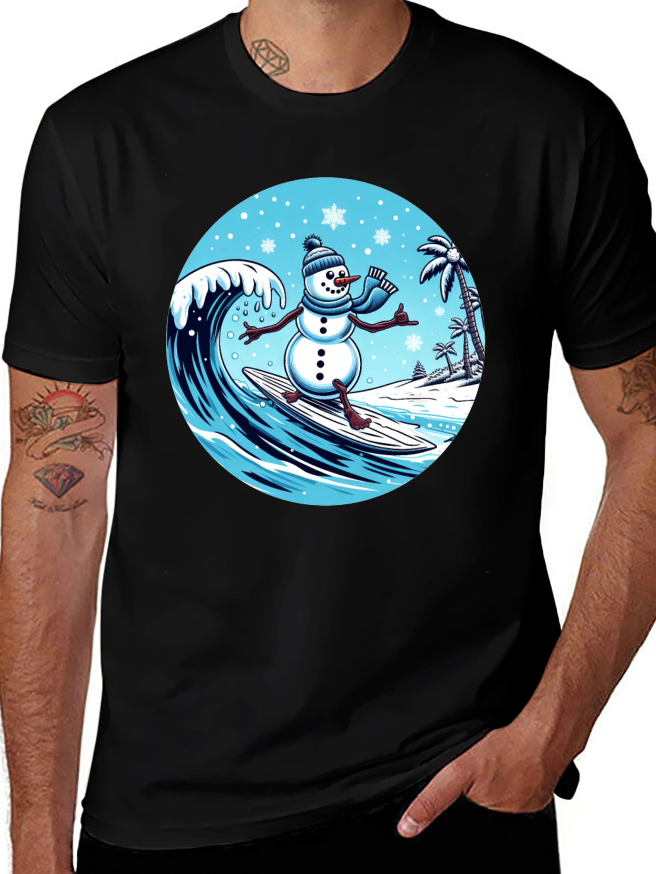 Variant 8 of Surfing Snowman Graphic Tee