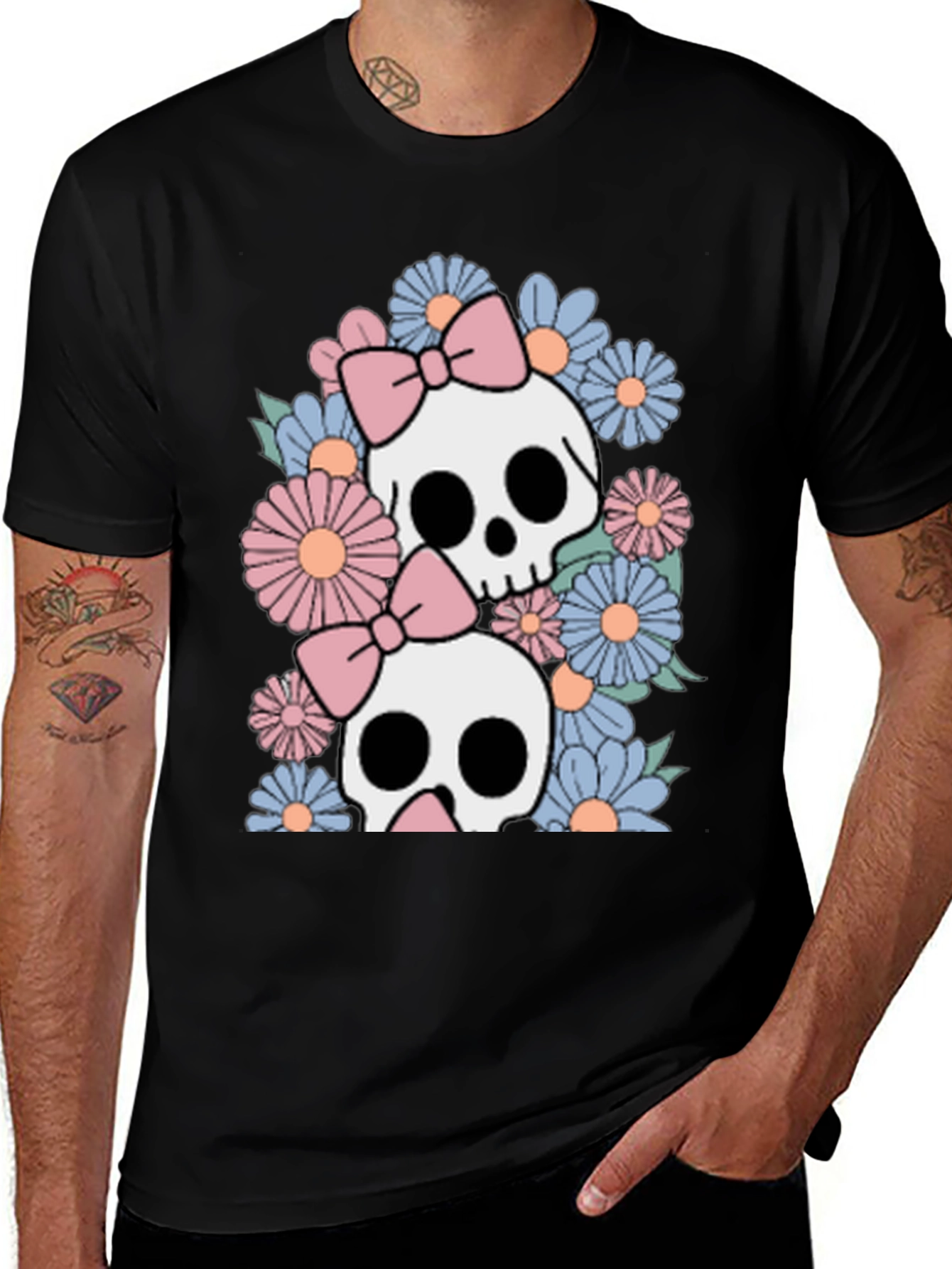 Variant 9 of Skull & Floral Bow T-Shirt - Cute Graphic Tee