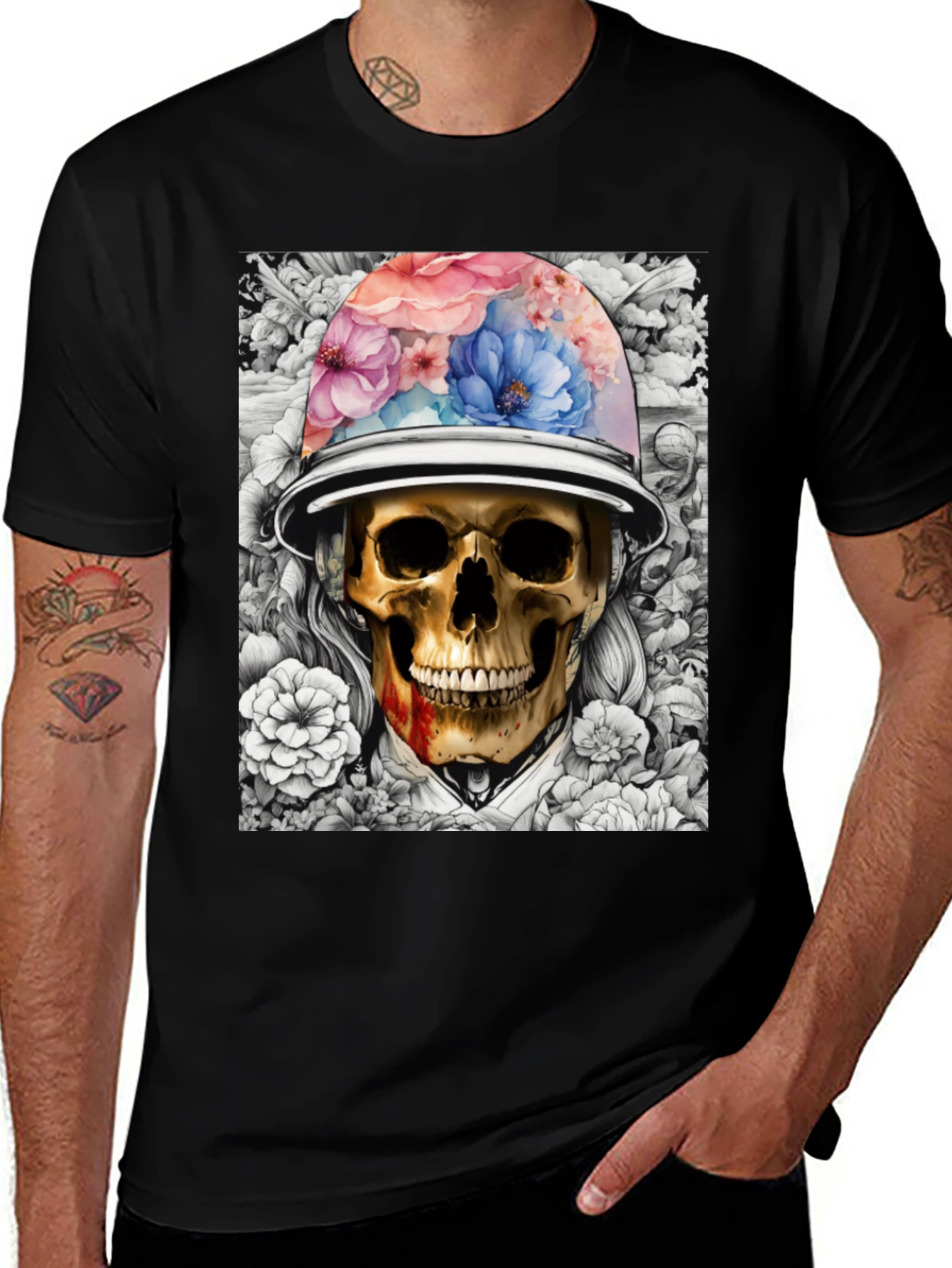 Skull & Flowers Graphic T-Shirt - Edgy Style