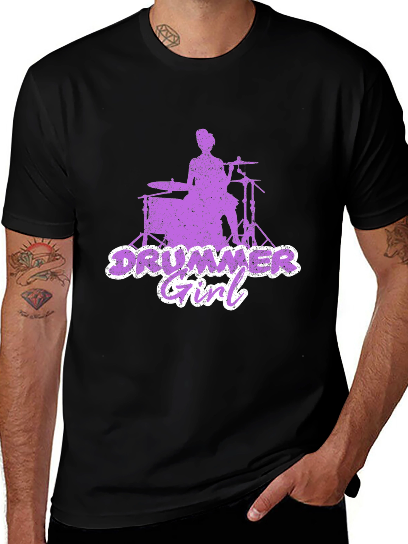 Variant 24 of Drummer Girl Graphic T-Shirt - Black Cotton Tee