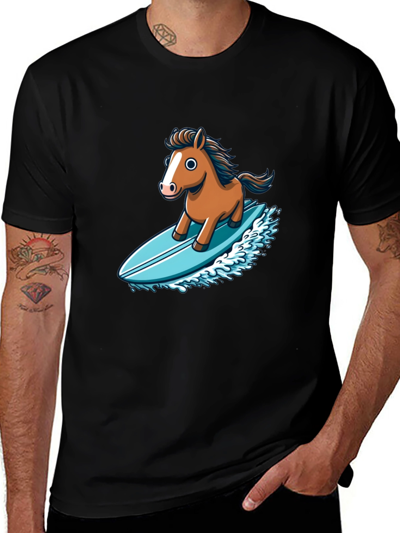 Variant 10 of Horse Surfing T-Shirt - Unique Cartoon Design