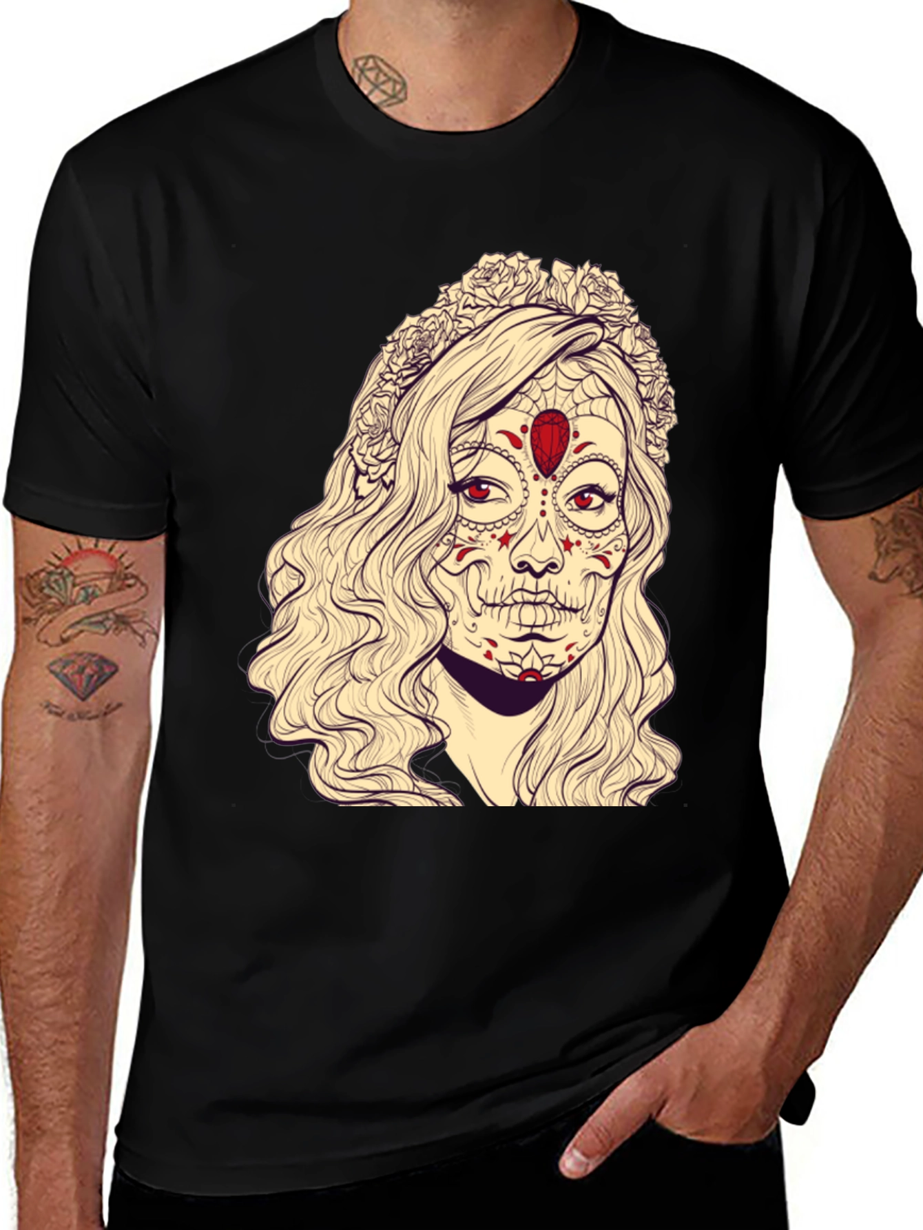 Variant 10 of Sugar Skull Woman Graphic Tee - Black Cotton T-Shirt