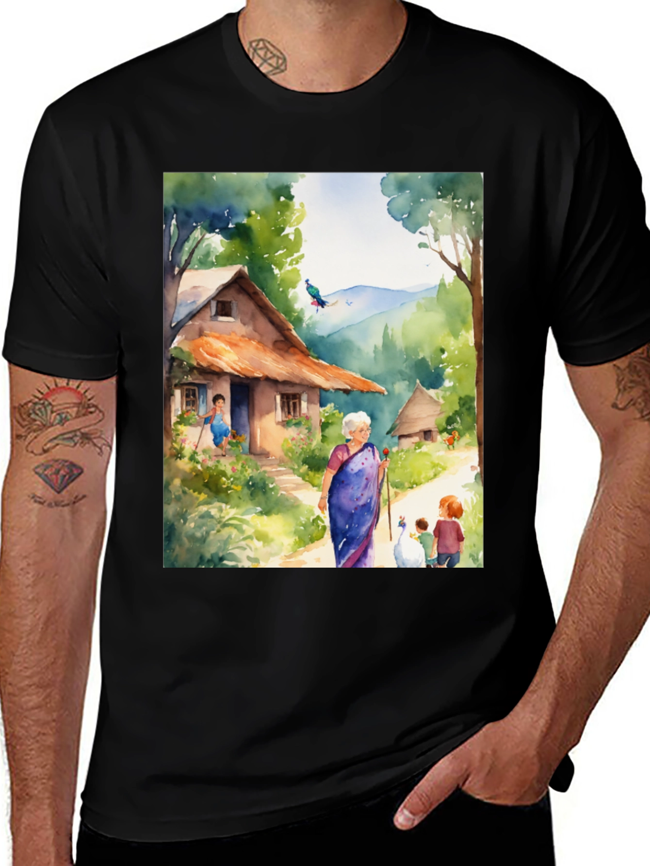 Variant 4 of Watercolor Village T-Shirt - Artistic Design