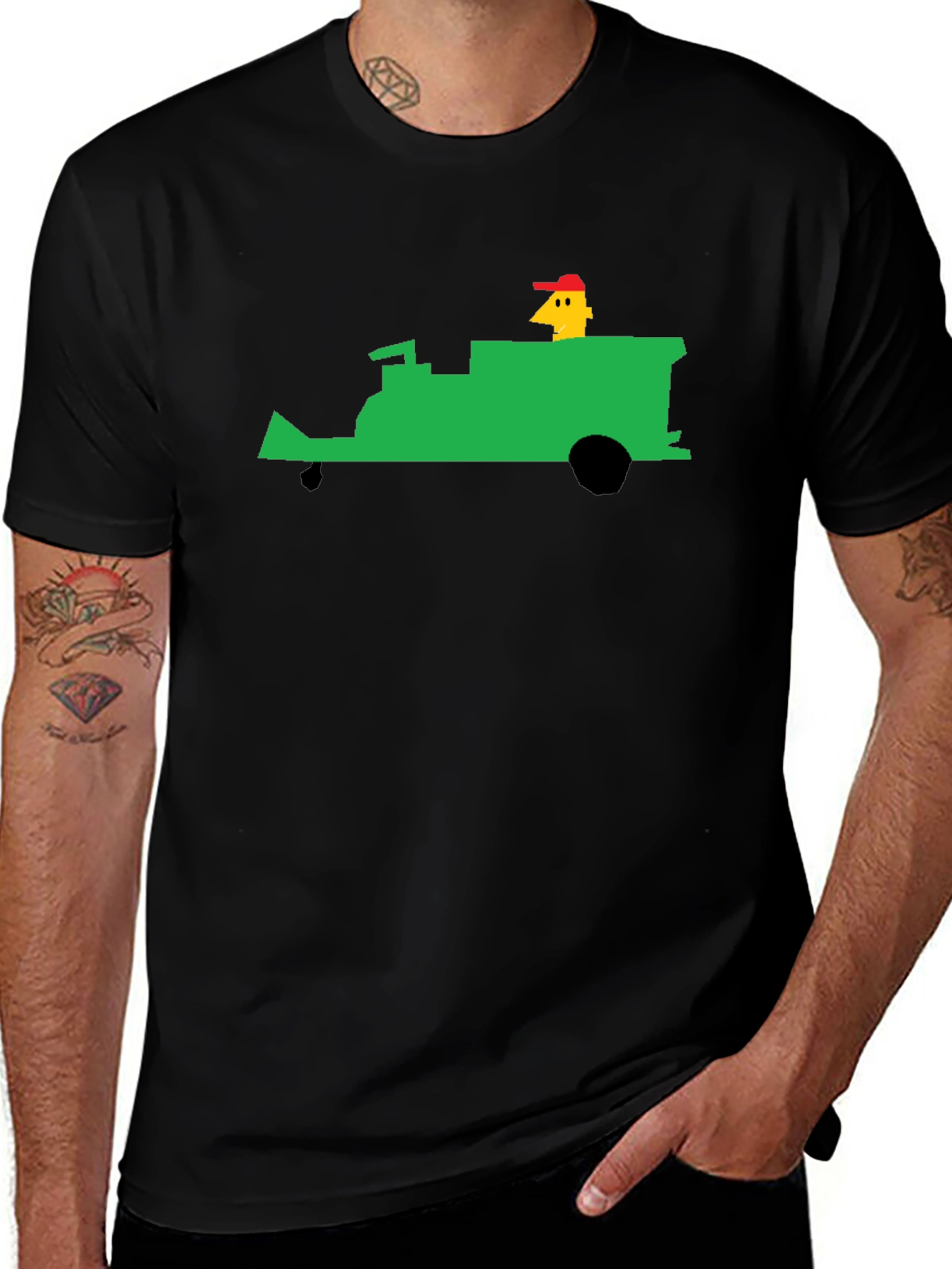 Black Retro T-Shirt: Pixelated Green Tractor Ride main image