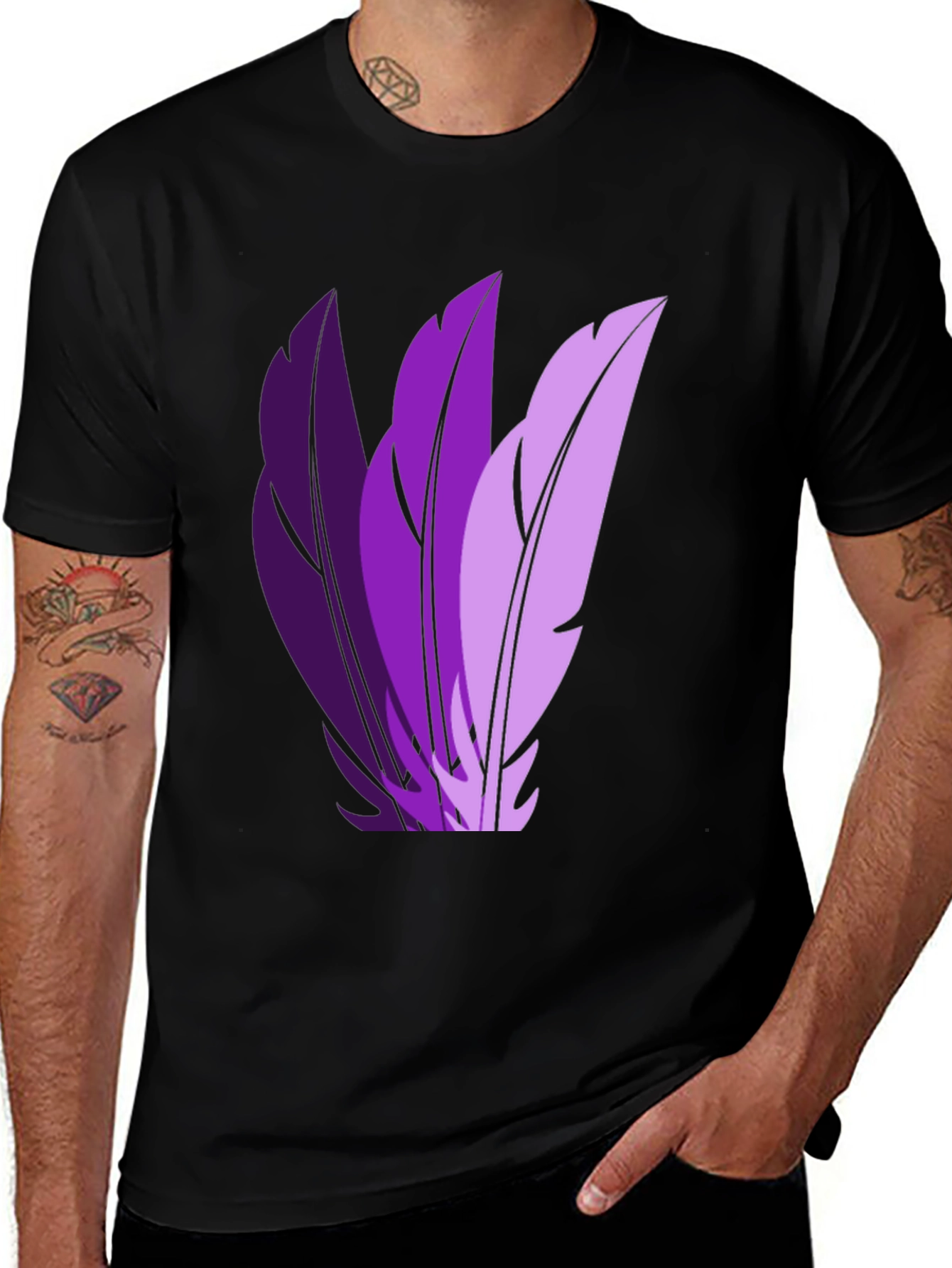 Variant 17 of Stylish Black T-Shirt with Purple Feather Design