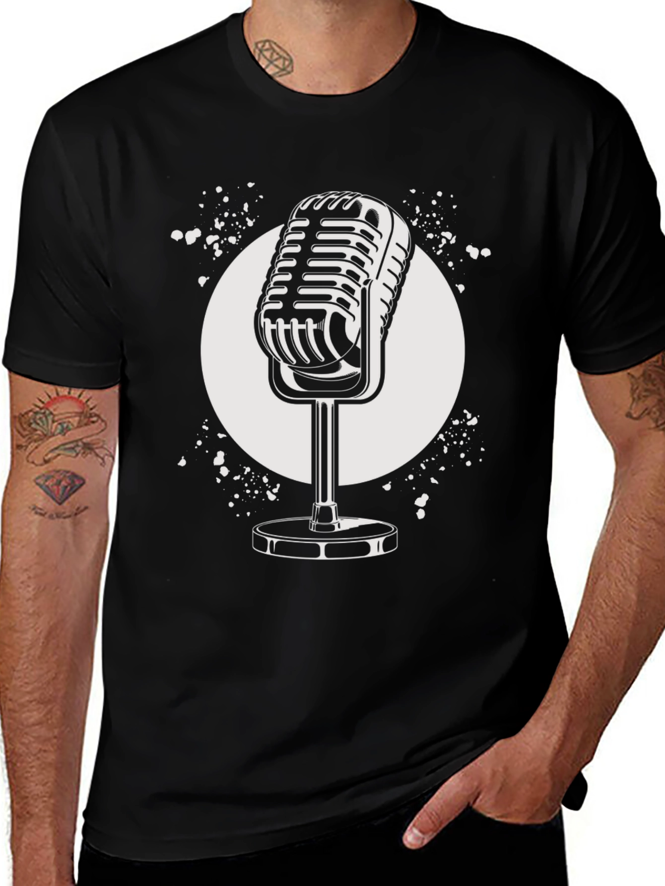 Black Vintage Microphone Graphic Tee - Retro Style Black T-Shirt main image