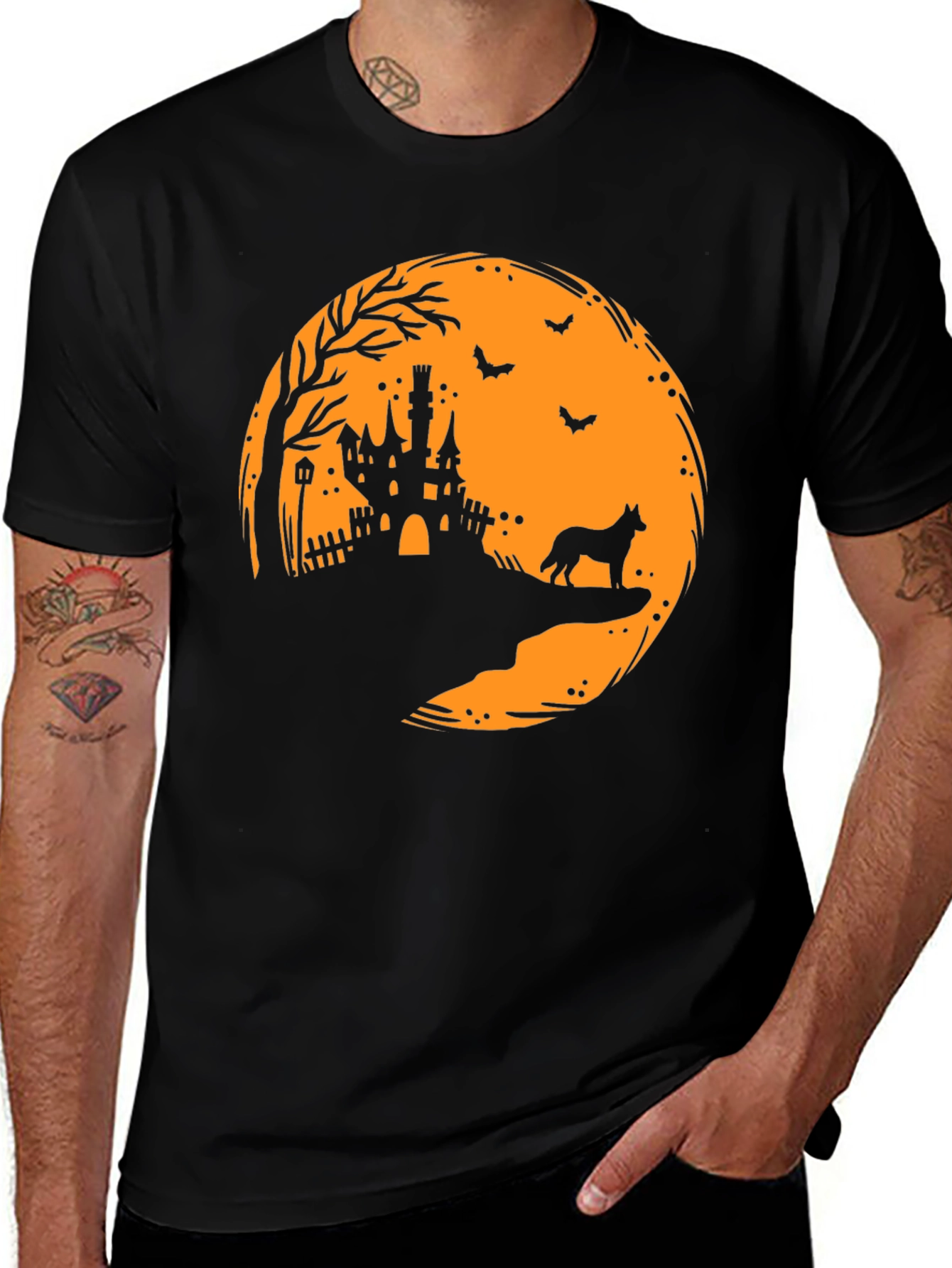 Halloween Moon Castle Dog Silhouette T-Shirt