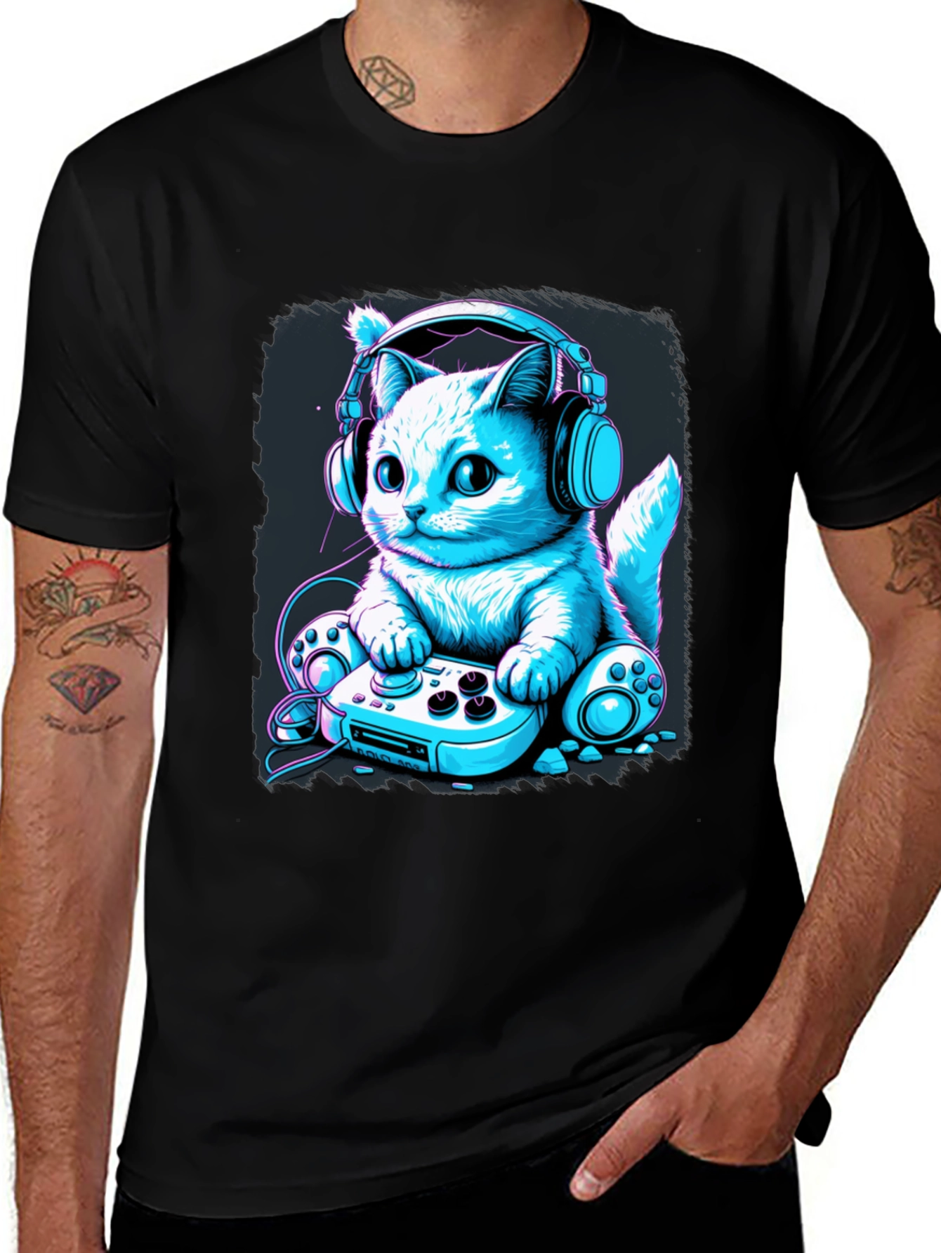 Variant 25 of Gamer Cat Graphic Tee - Cool Neon Design