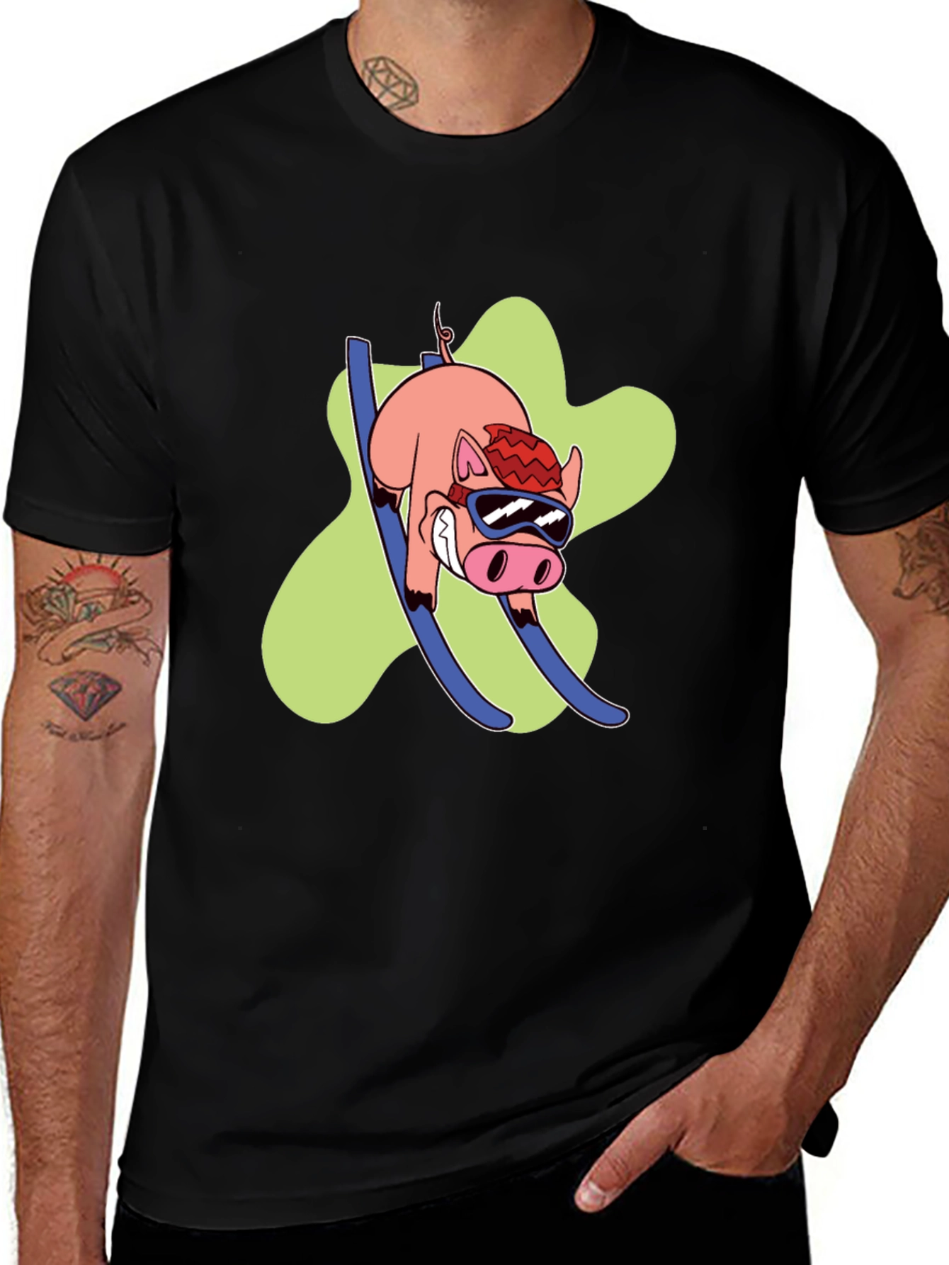 Variant 22 of Skiing Pig Graphic Tee - Black Crew Neck T-Shirt