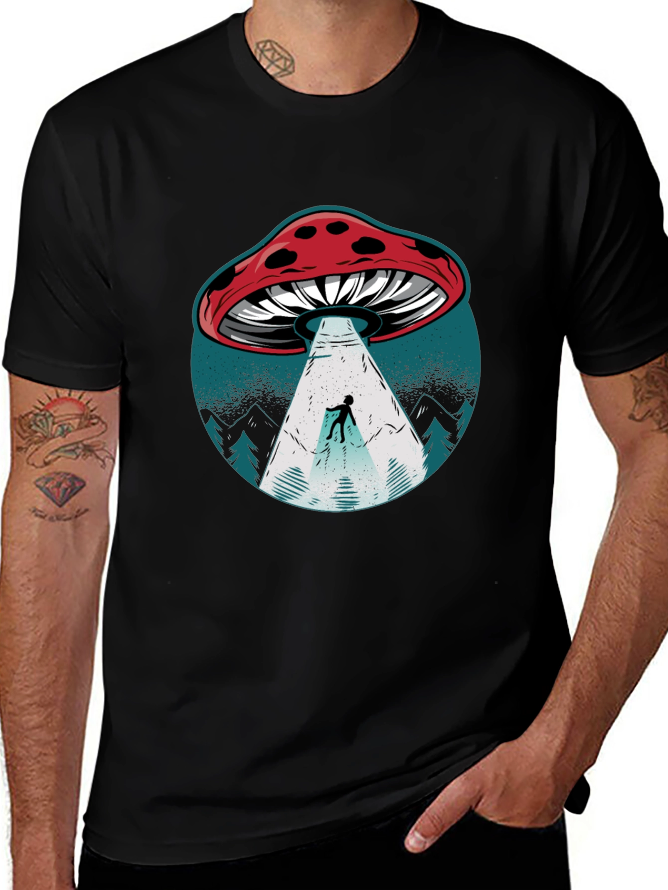 Variant 4 of Mushroom UFO Abduction T-Shirt -  Sci-Fi Novelty Tee