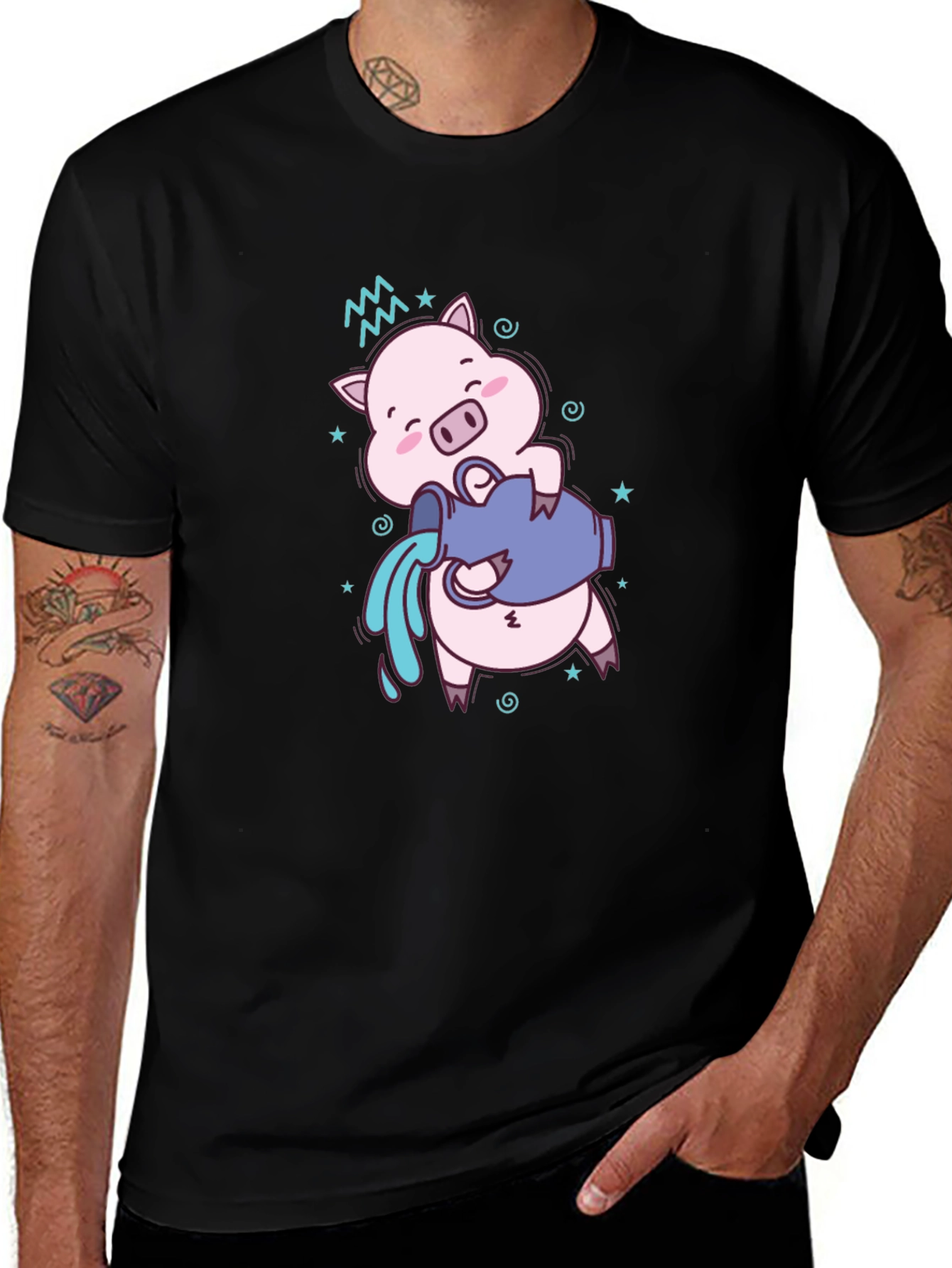 Variant 8 of Aquarius Zodiac Pig Graphic Tee - Black Cotton