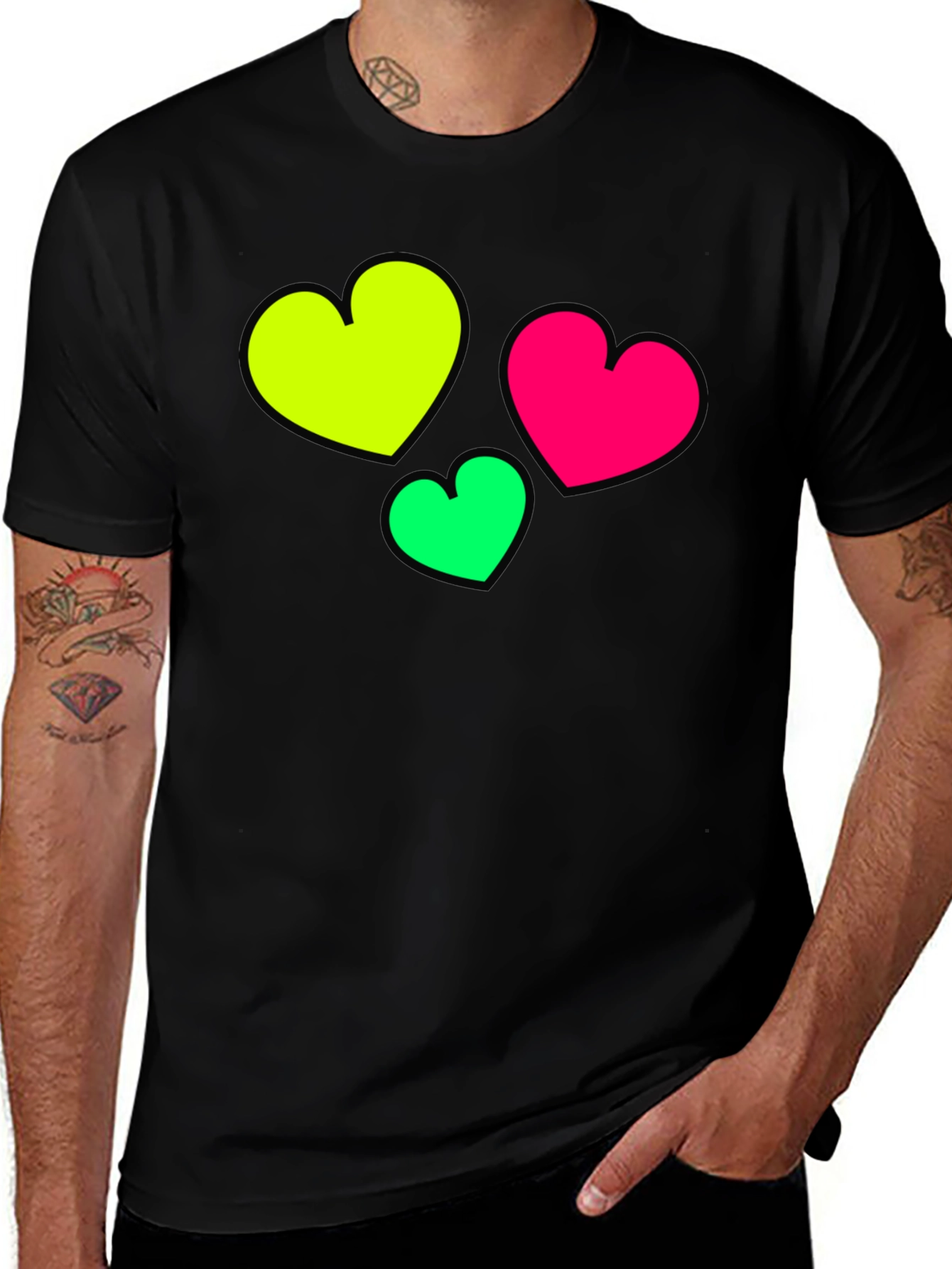 Neon Hearts Black Tee - Fun & Stylish Graphic T-Shirt