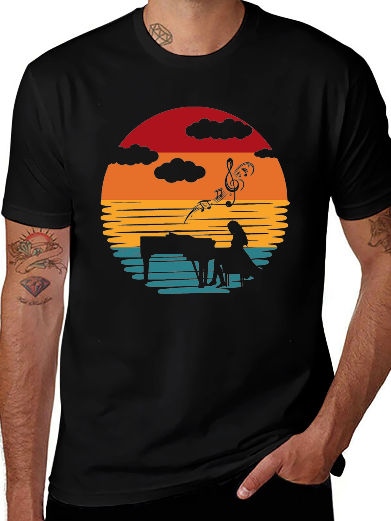 Black Sunset Piano Player Graphic Tee main image