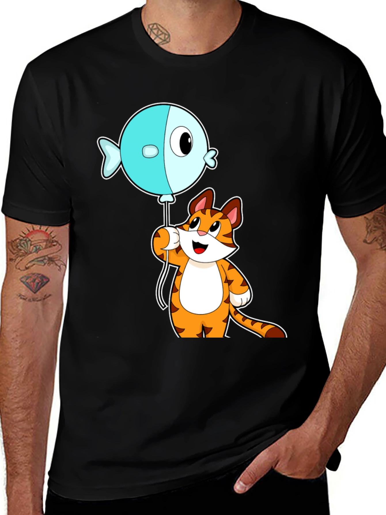 Black Cartoon Cat & Fish Balloon Graphic Tee main image
