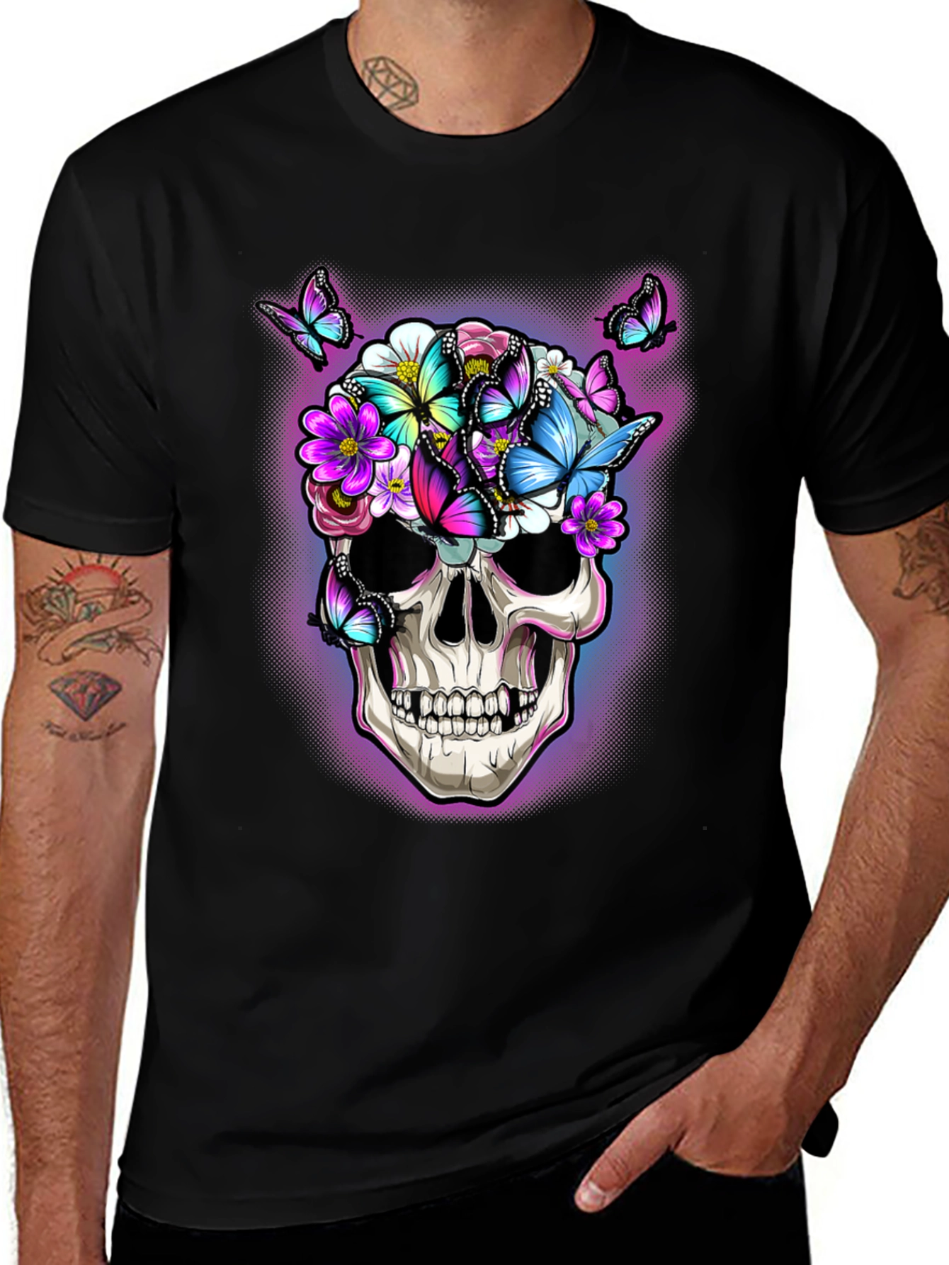 Variant 14 of Skull & Flowers T-Shirt - Butterfly Graphic Tee