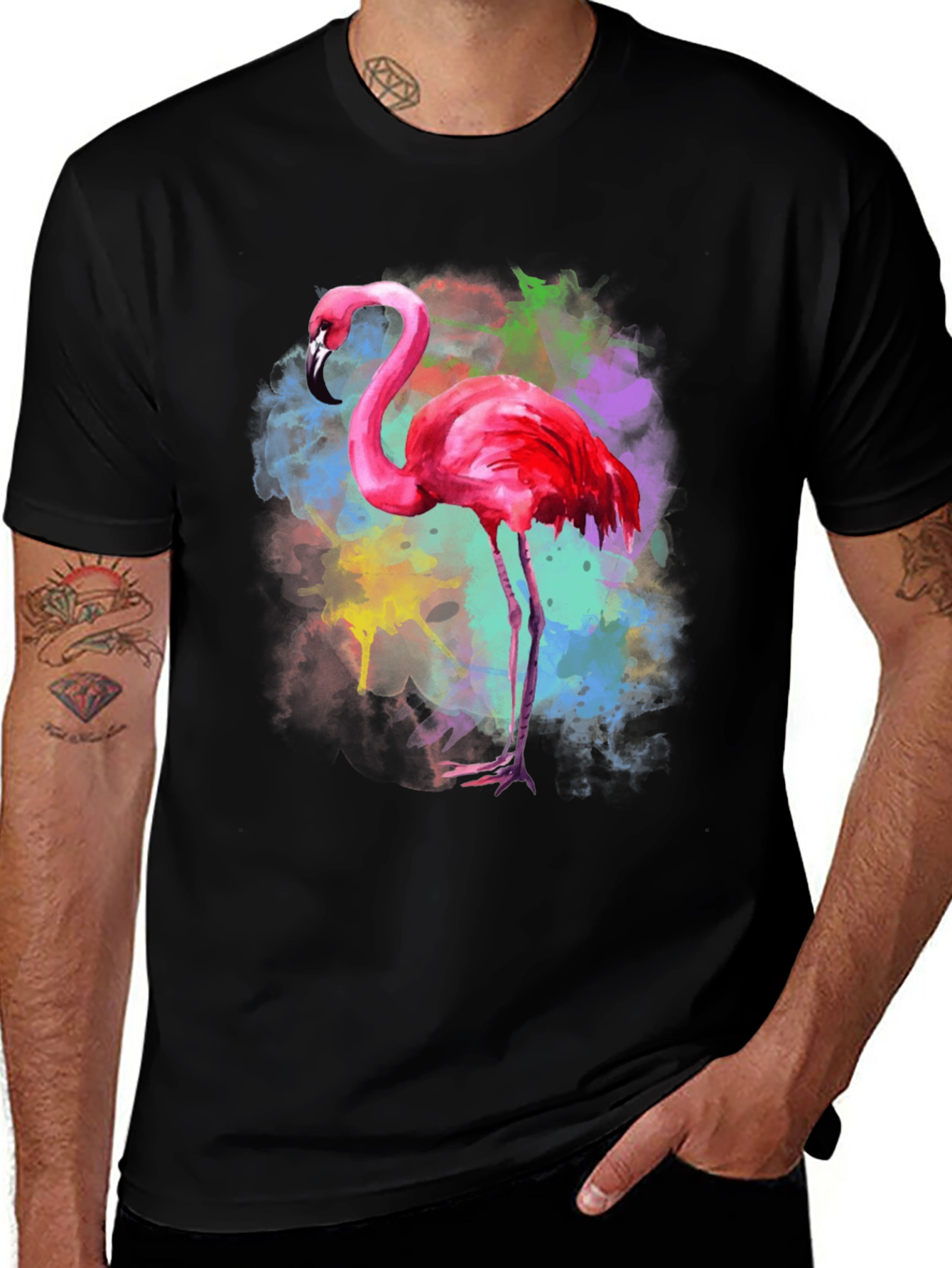 Black Flamingo Watercolor Graphic Tee - Black Cotton T-Shirt main image