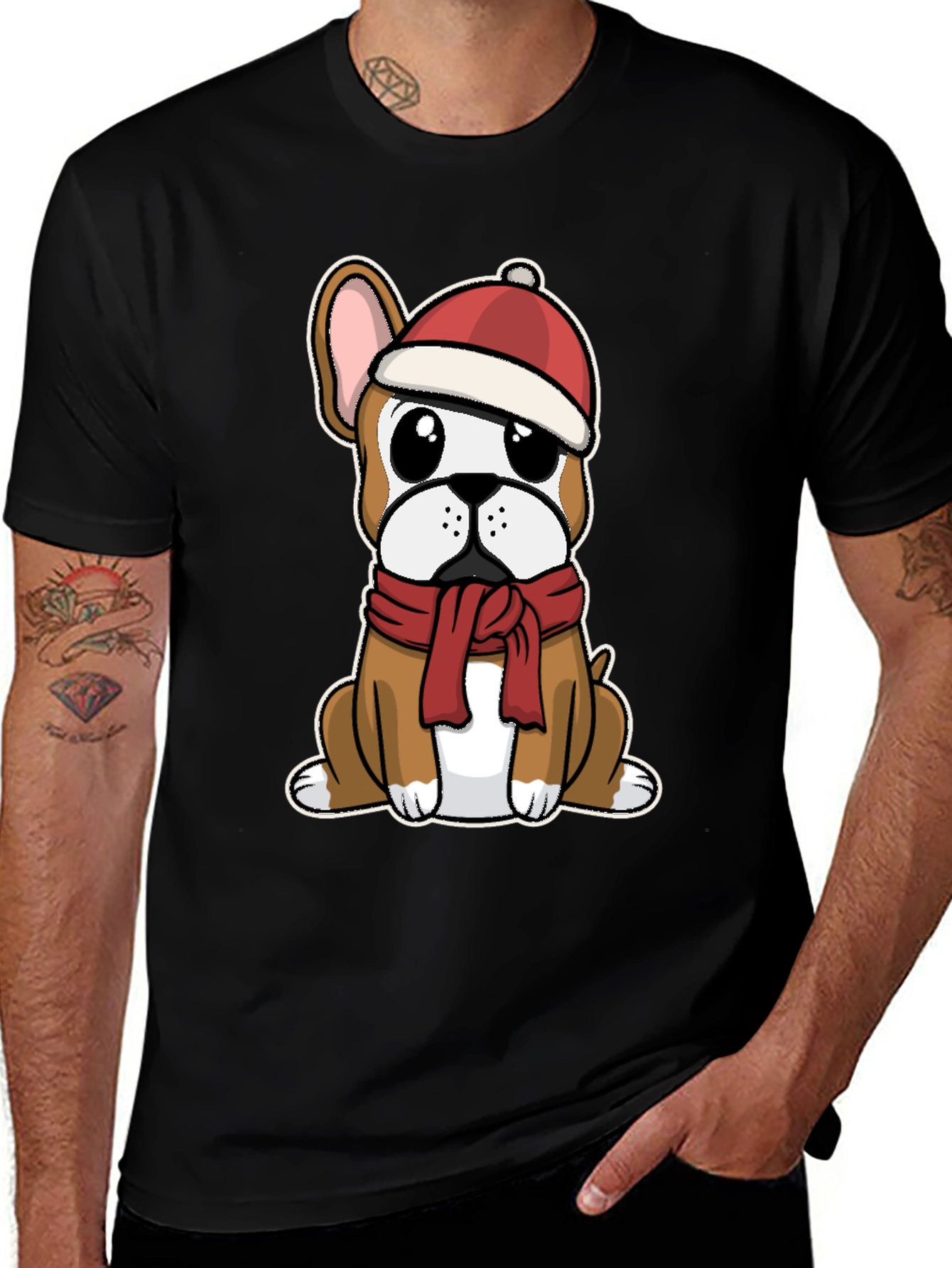Variant 30 of Festive Frenchie T-Shirt: Christmas Dog Design