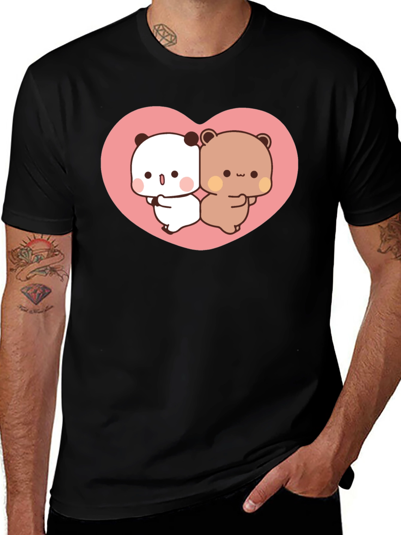 Variant 12 of Cute Kawaii Bear Heart Graphic Black T-Shirt