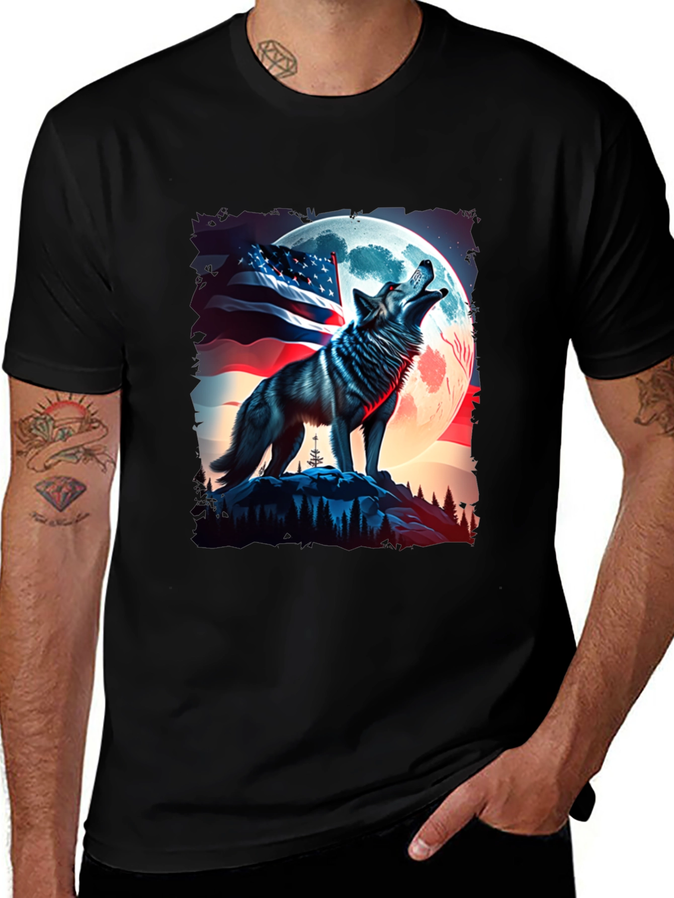 Variant 23 of Patriotic Wolf Howling at Moon Graphic Tee