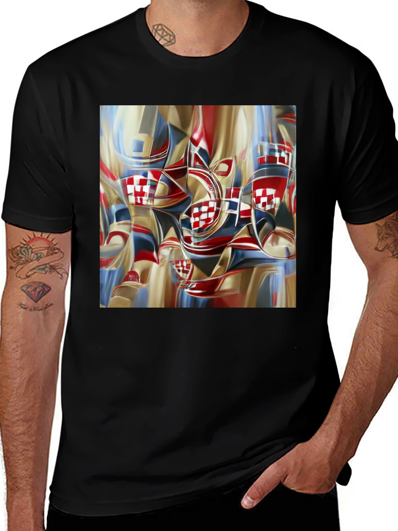 Abstract Checkerboard Print Black T-Shirt
