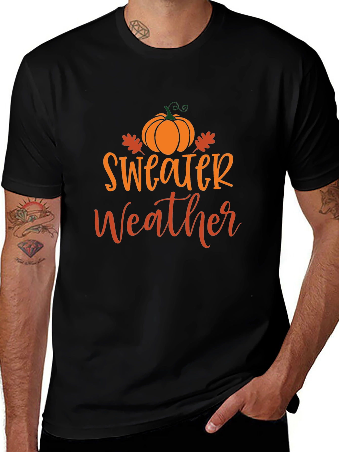 Variant 2 of Sweater Weather Black T-Shirt with Pumpkin Design
