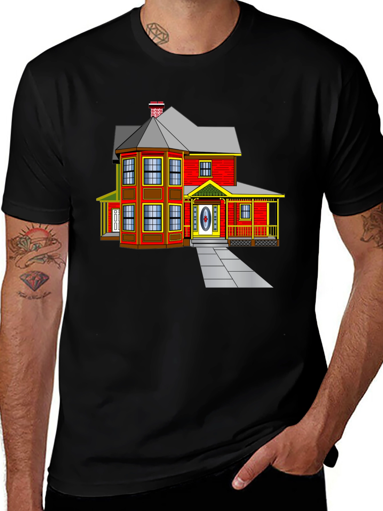 Variant 5 of Cartoon House Graphic Tee - Classic Architecture Style