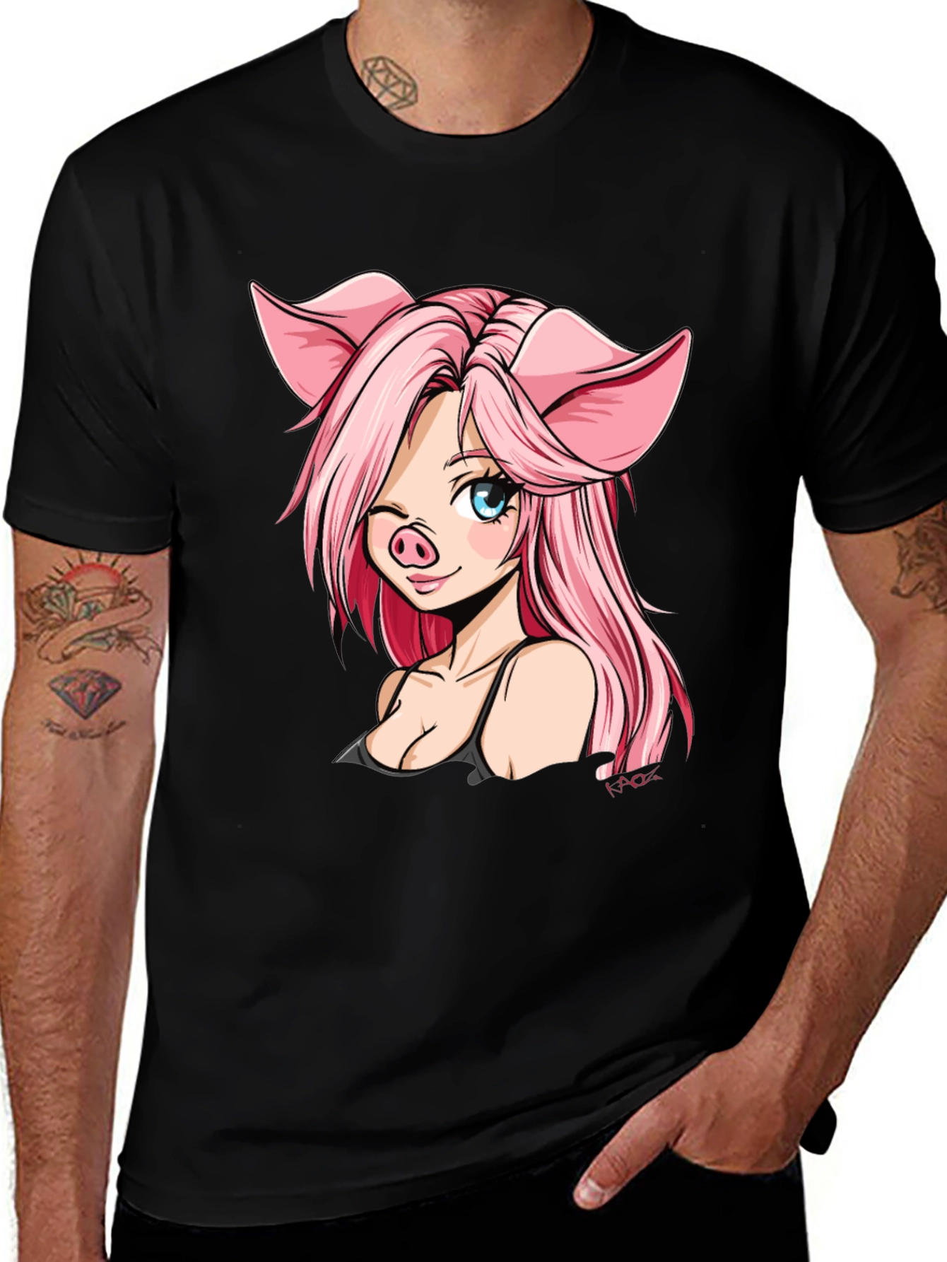 Pig Anime Girl Black T-Shirt