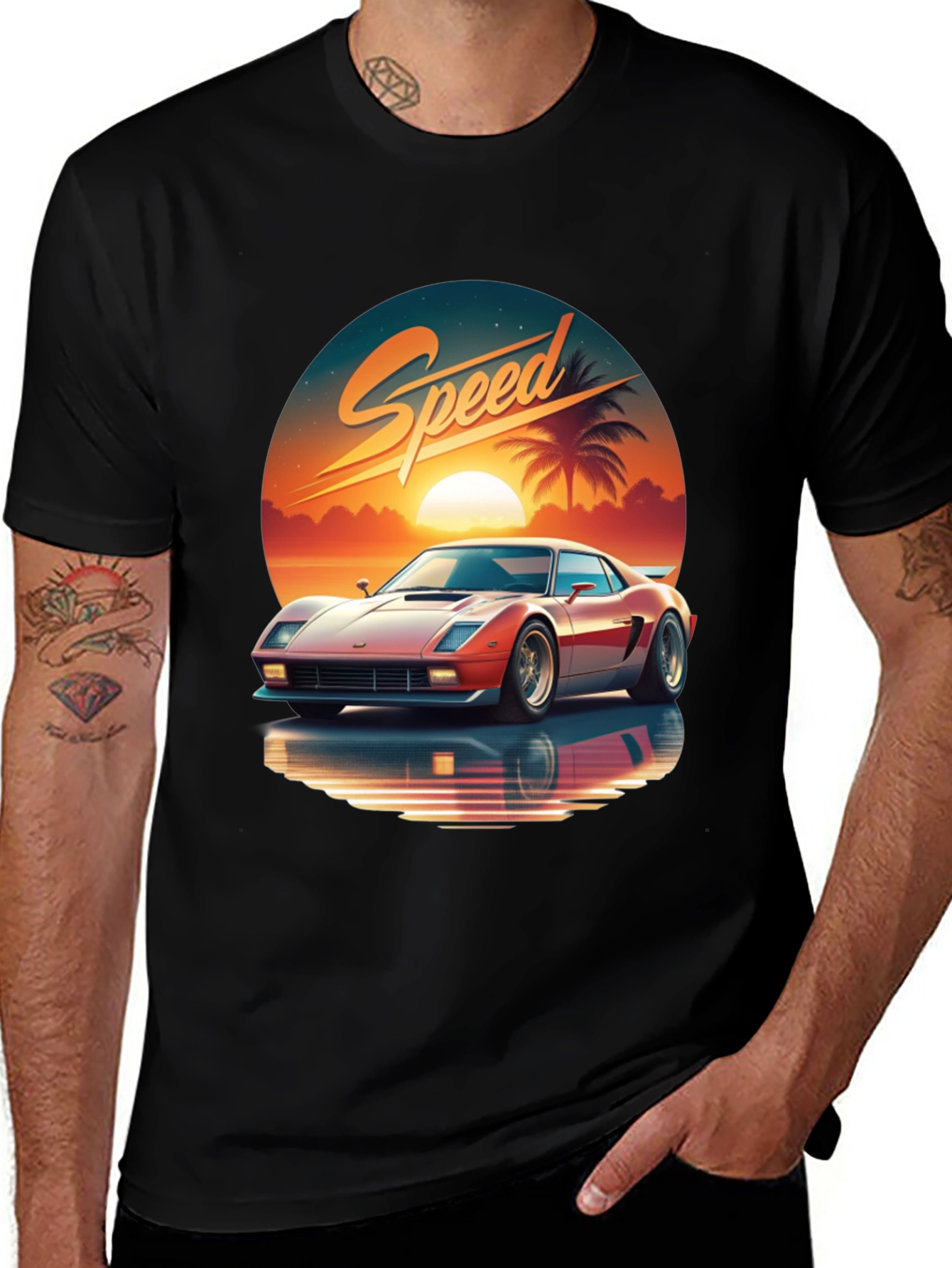 Variant 21 of Retro Speed T-Shirt: Classic Car & Sunset Design