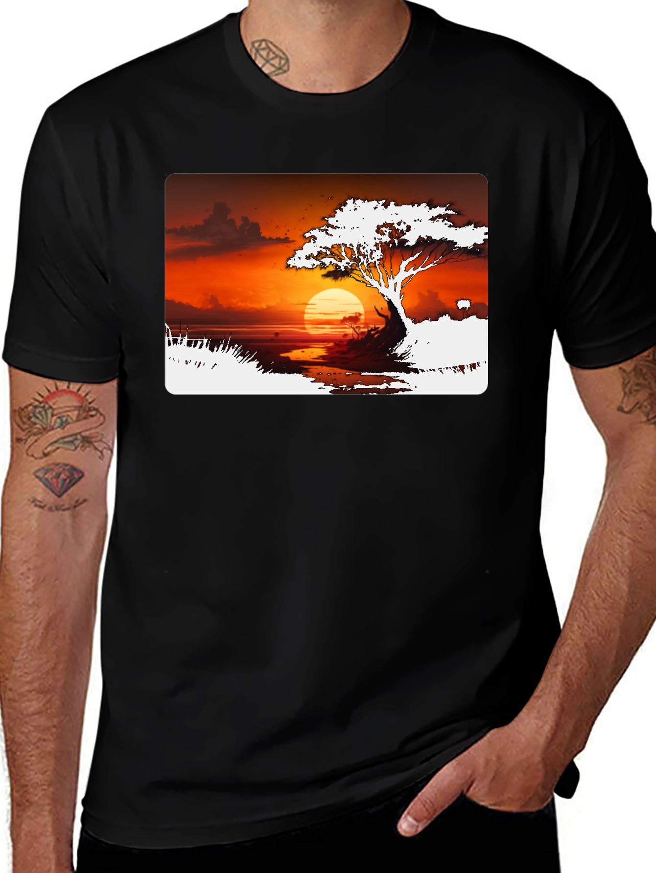 Variant 2 of Sunset Tree Graphic Tee - Black Cotton Blend