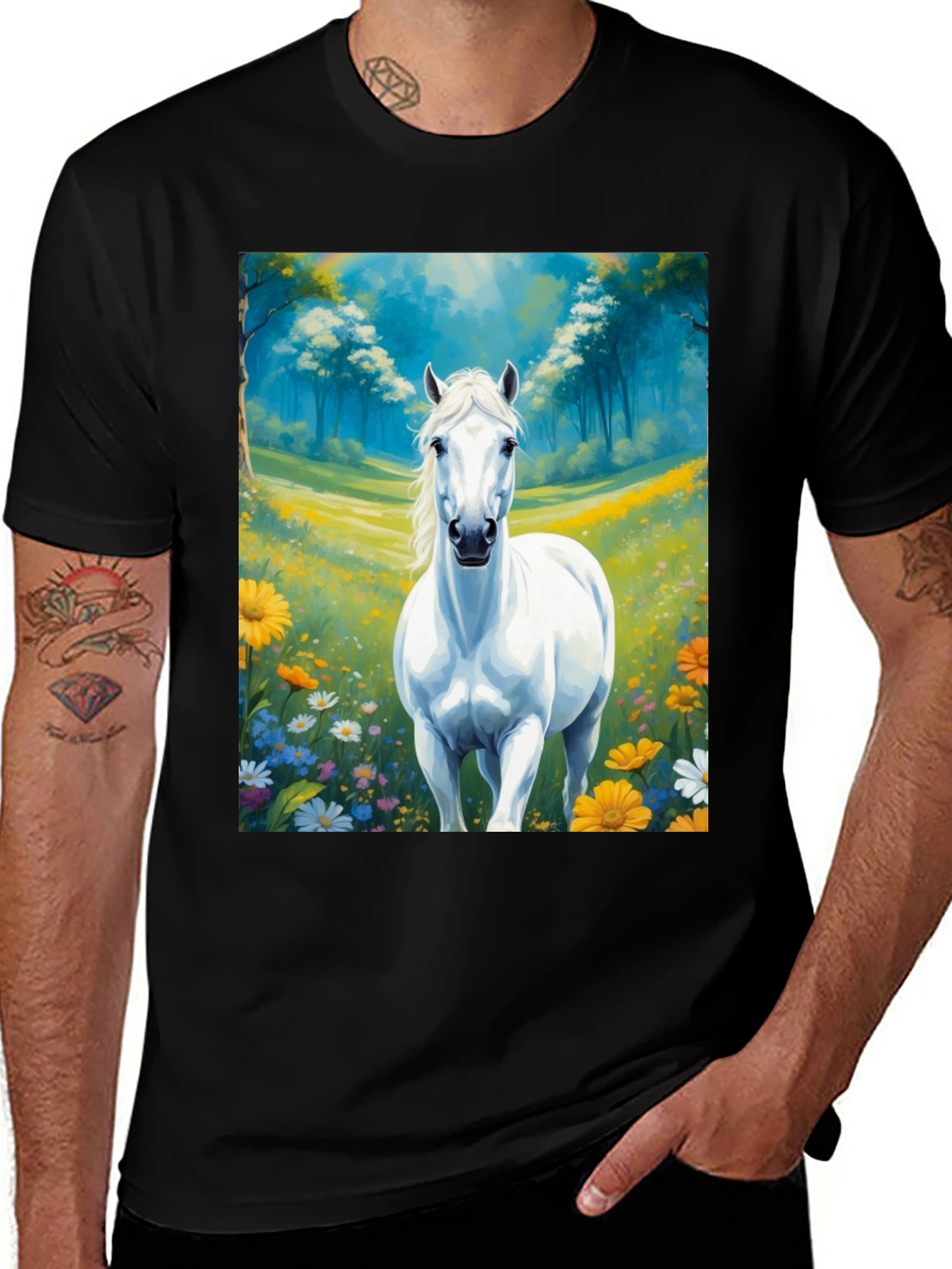 Variant 2 of White Horse in Meadow Graphic Tee